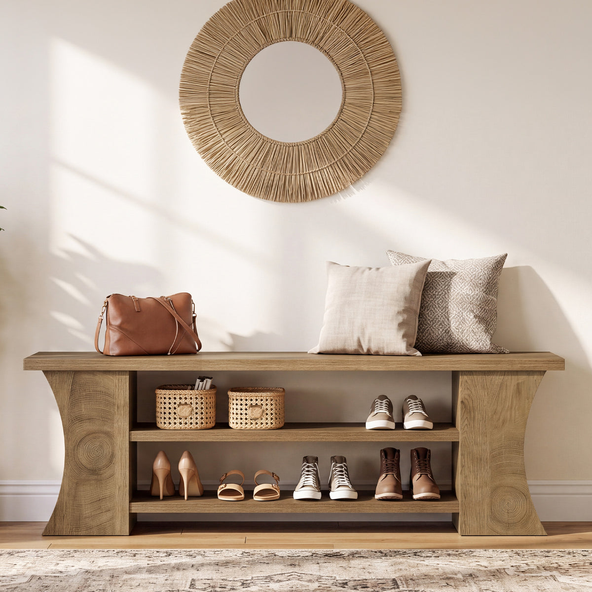 63" Entryway Bench with Shoe Storage, 3-Tier Farmhouse Shoe Bench for Hallway