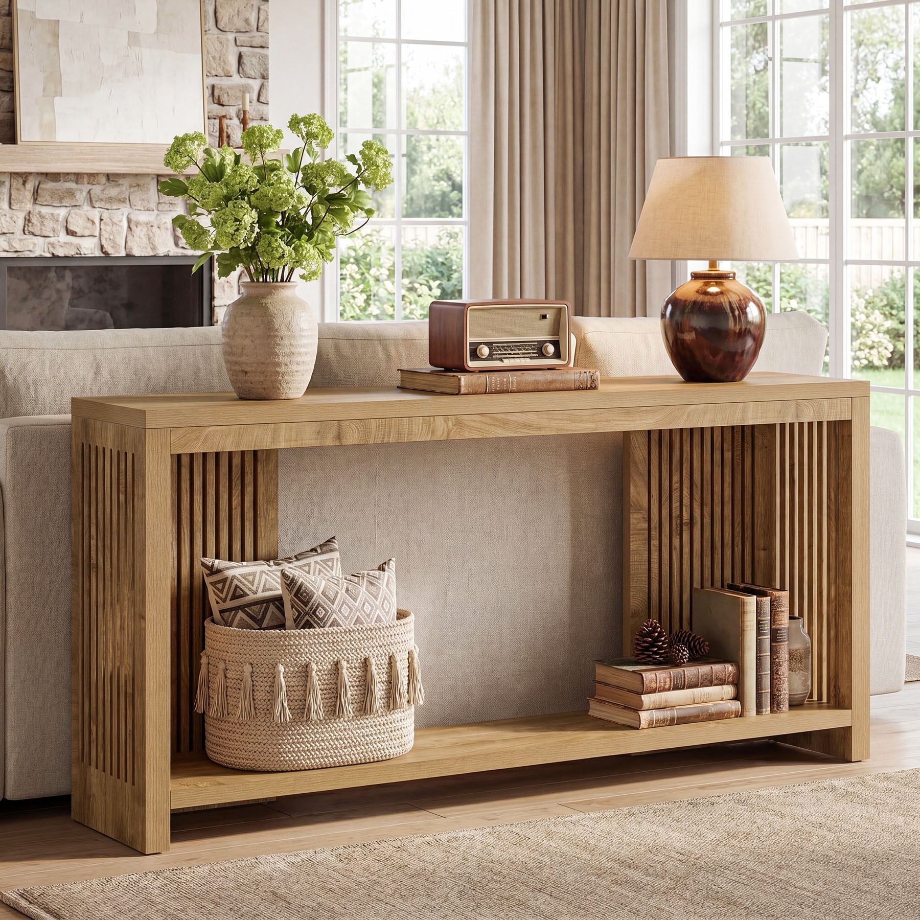 71" Farmhouse Console Table with Storage Shelf, Long Narrow Sofa Table for Entryway & Hallway