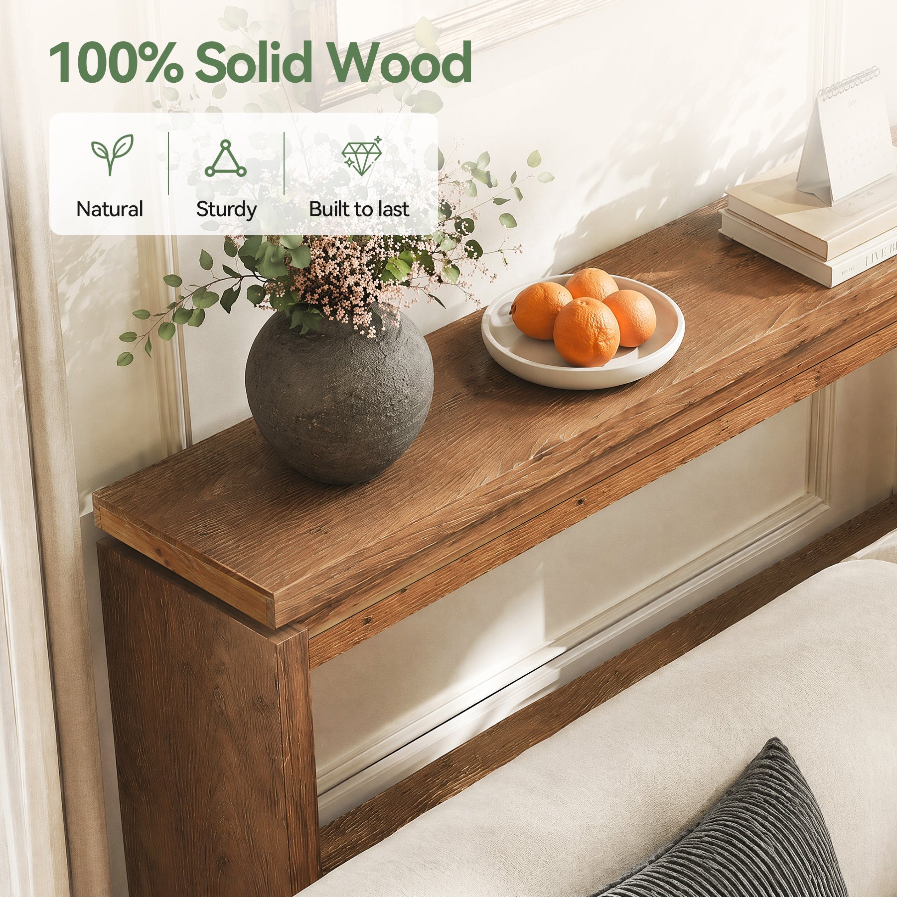 63" Solid Wood Console Table, 2-Tier Accent Sofa Table with Layered Double-Top Design