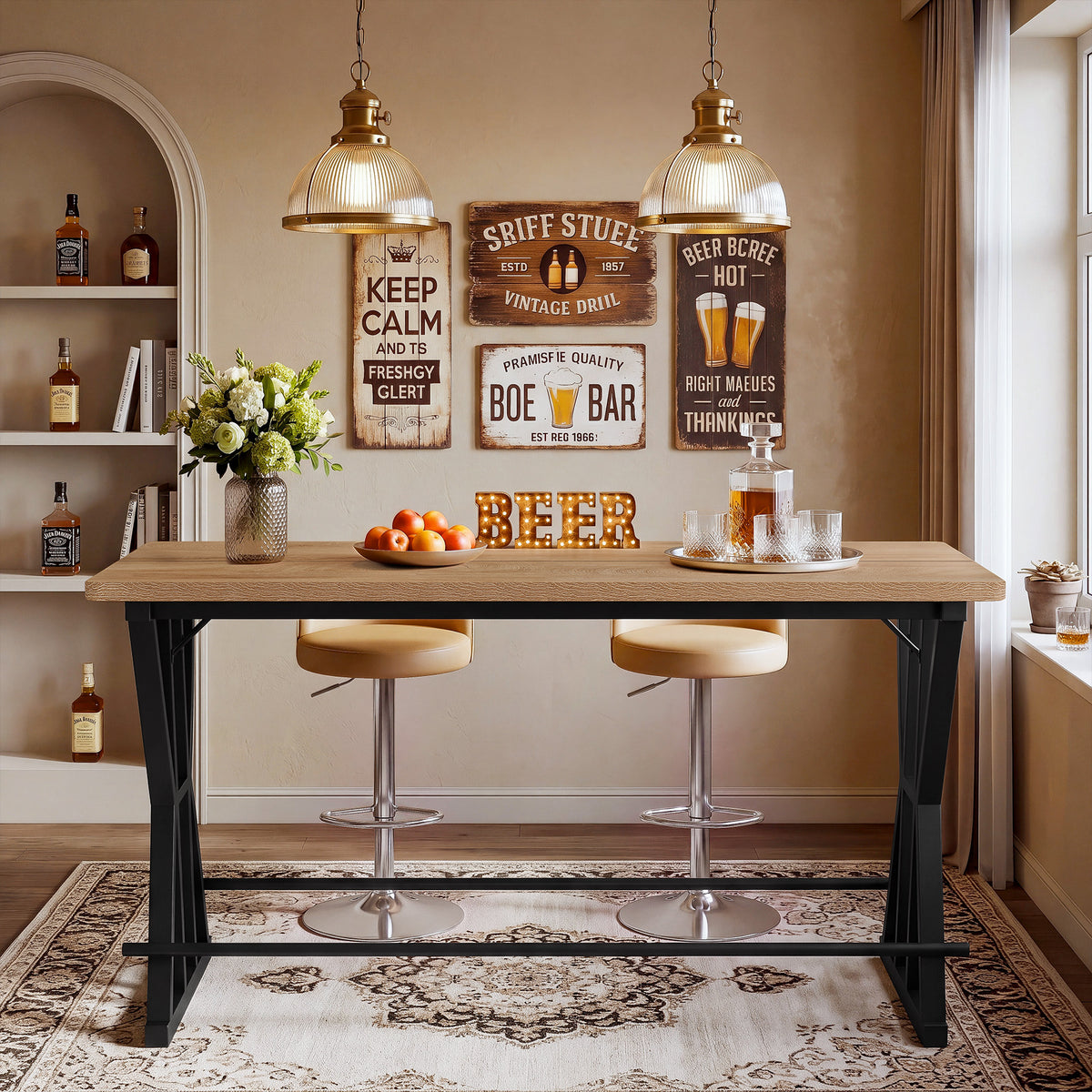 63" Bar Table with X-Frame Metal Legs, Industrial Counter-Height Pub Table for 4-6