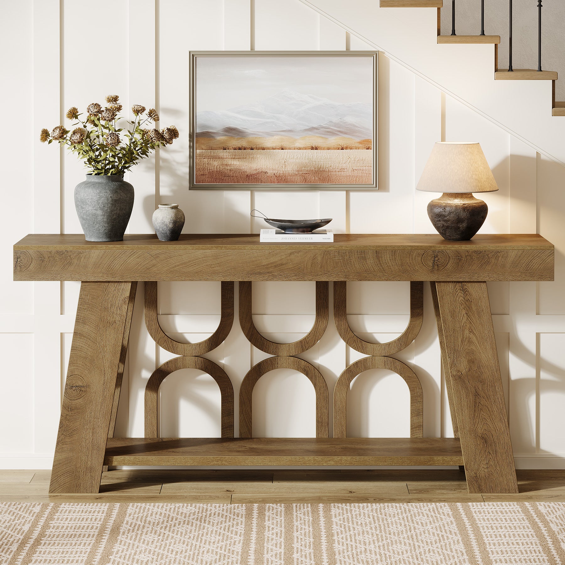 63" Console Table with Arched Legs, 2-Tier Farmhouse Entryway Table