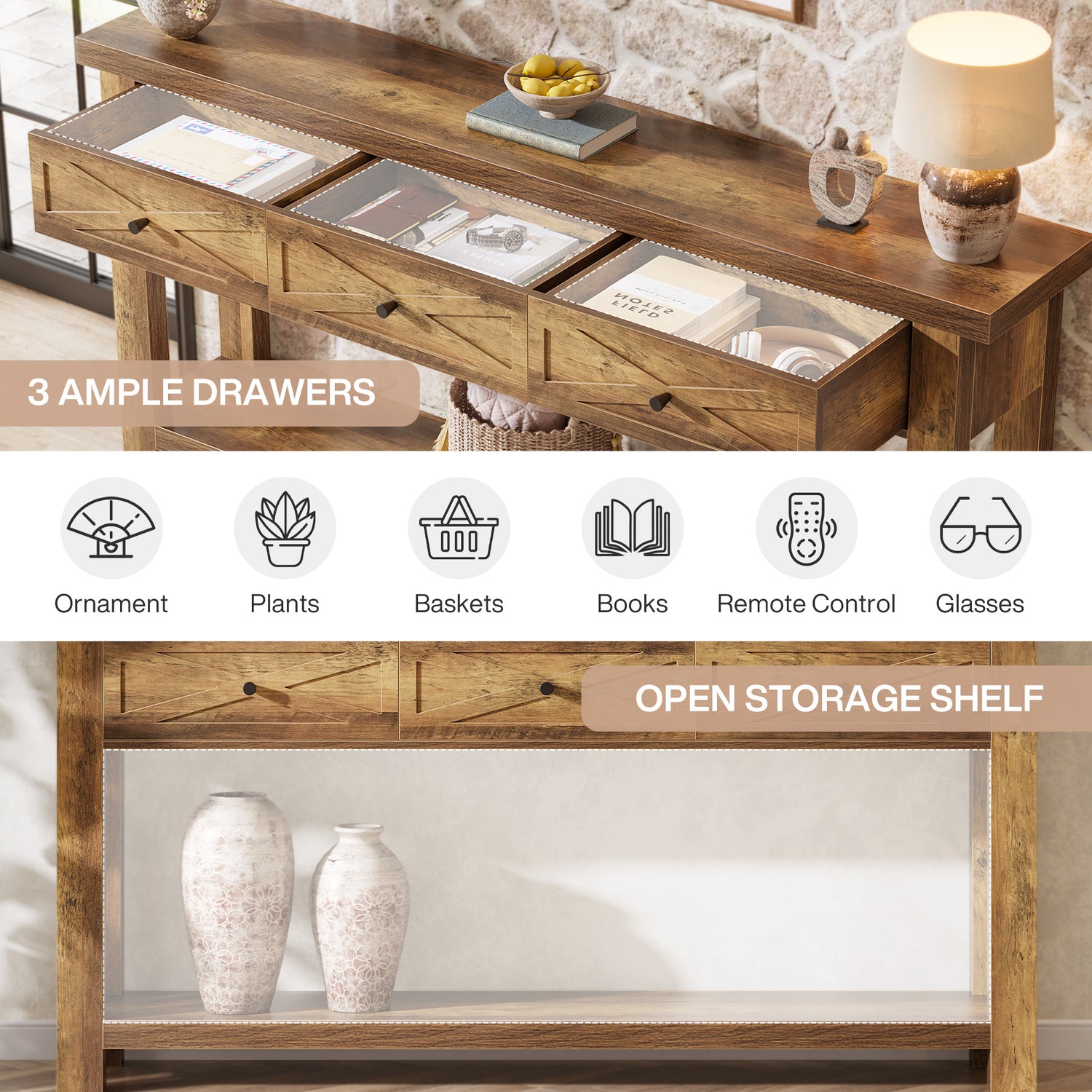 70.9” Console Table with 3 Drawers, Narrow Sofa Table with Shelf-Tribesigns
