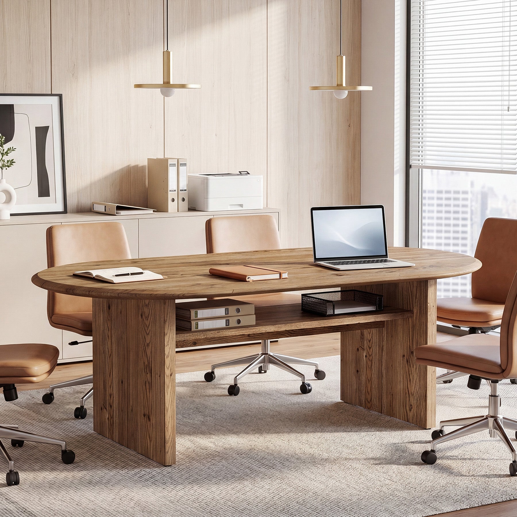 63" Solid Wood Executive Desk, Oval Computer Desk with Storage Shelf for Home Office