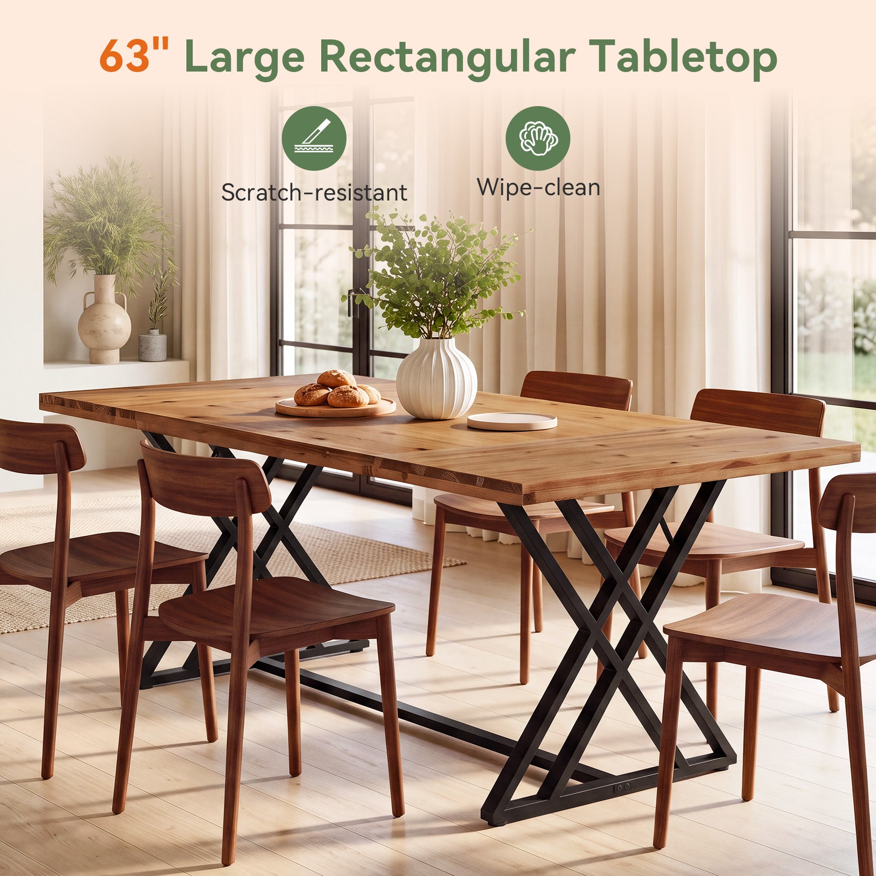 63" Solid Wood Dining Table, Rectangular Kitchen Table with X Shaped Metal Legs for 4-6
