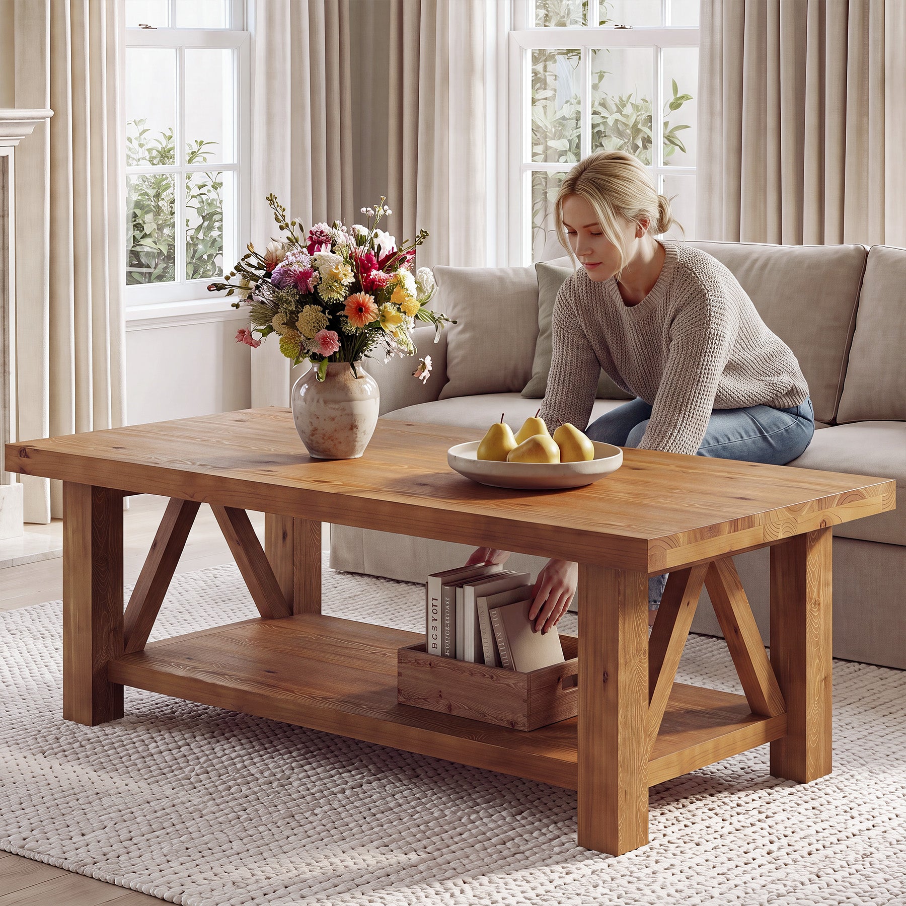 55" Rectangular Coffee Table, 2-Tier Solid Wood Center Table for Living Room