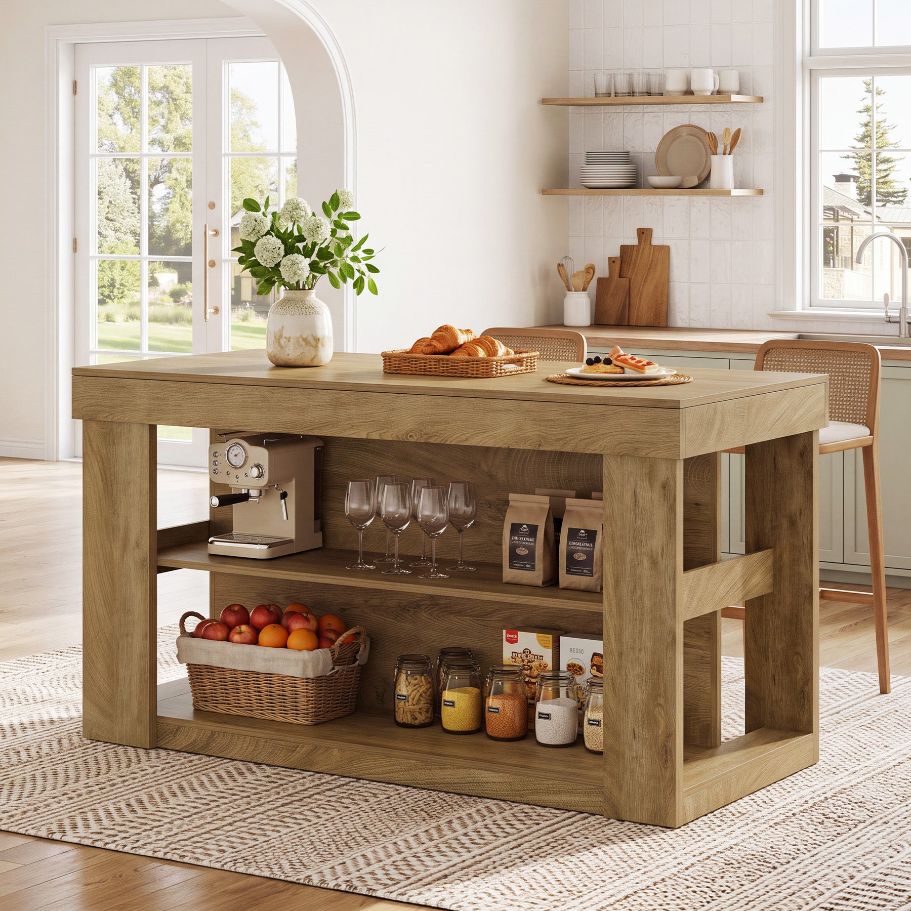 Tribesigns 55-Inch Kitchen Island with 2 Storage Shelves, Farmhouse Island Table with Seating