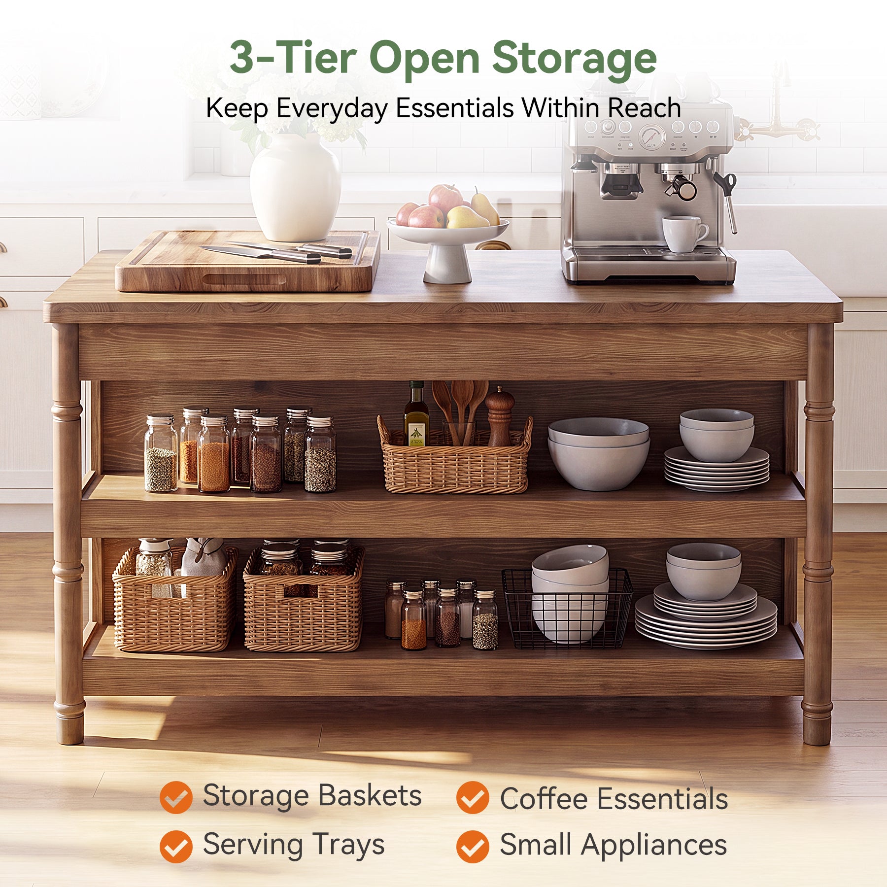 63" Kitchen Island Table with Storage & Seating, Farmhouse Wood Island with 3-Tier Shelves