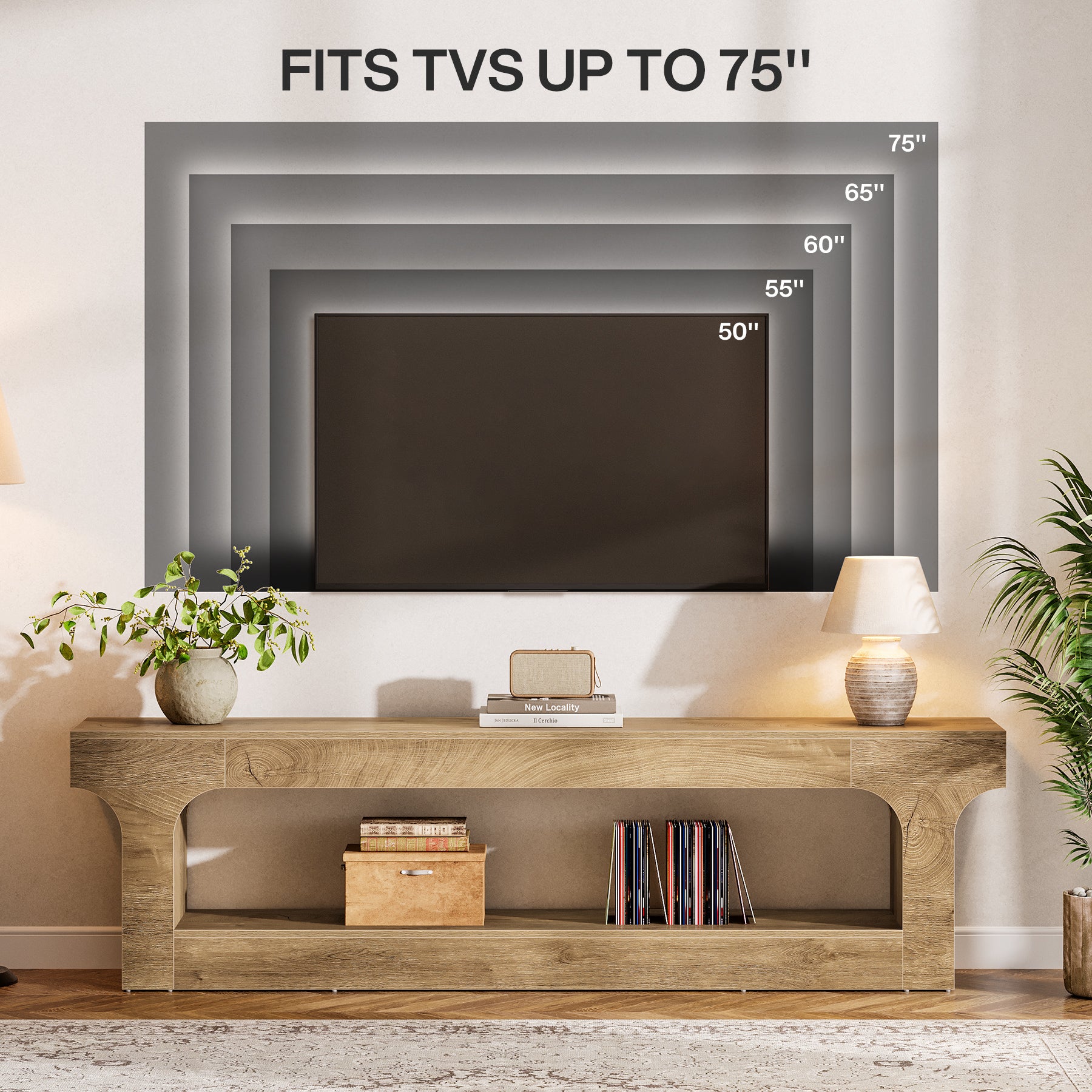 63” Farmhouse TV Stand for 55–75 Inch TVs, Entertainment Center with 2-Tier Open Storage Shelves