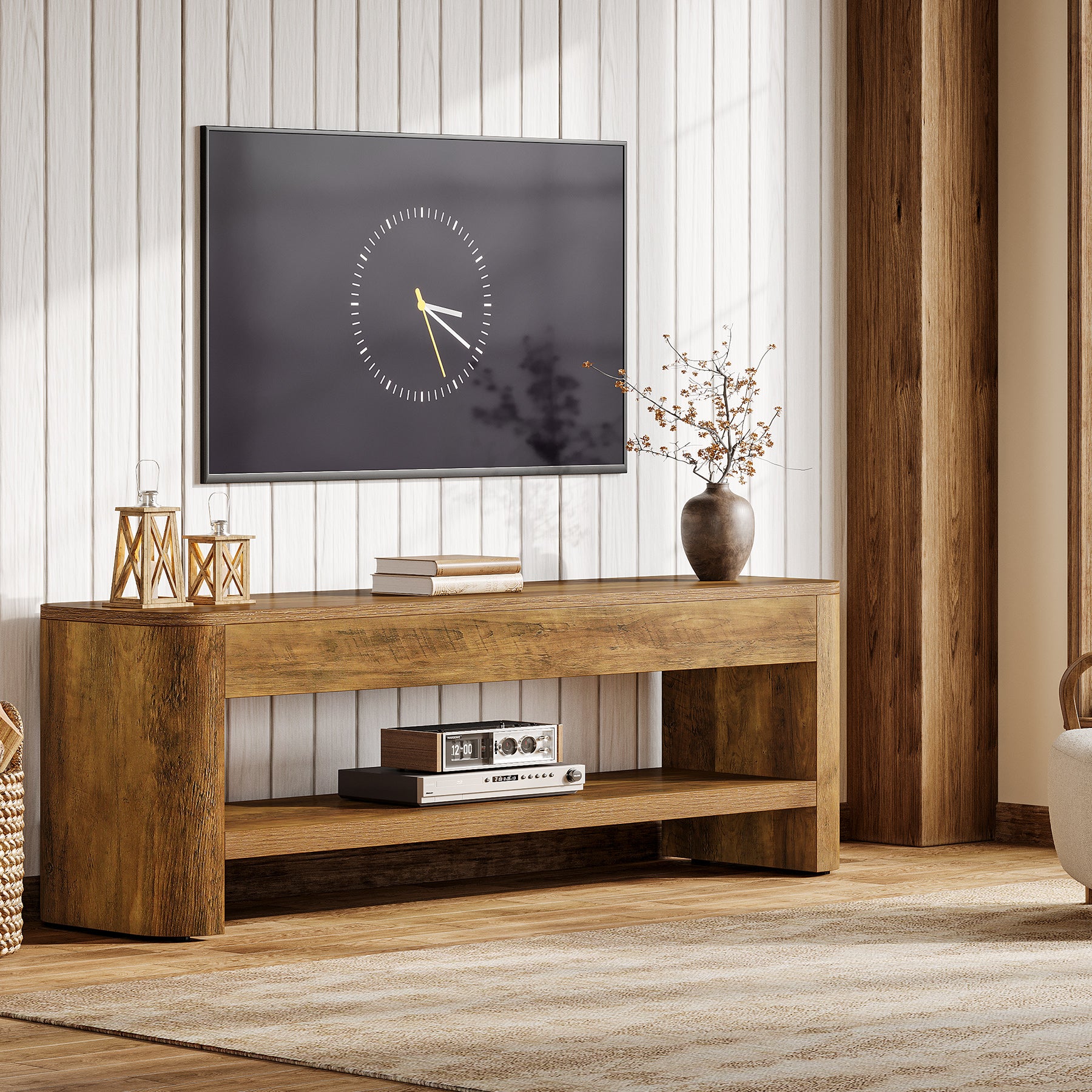 55.1" TV Stand, Farmhouse Entertainment Center with 2-Tier Shelf