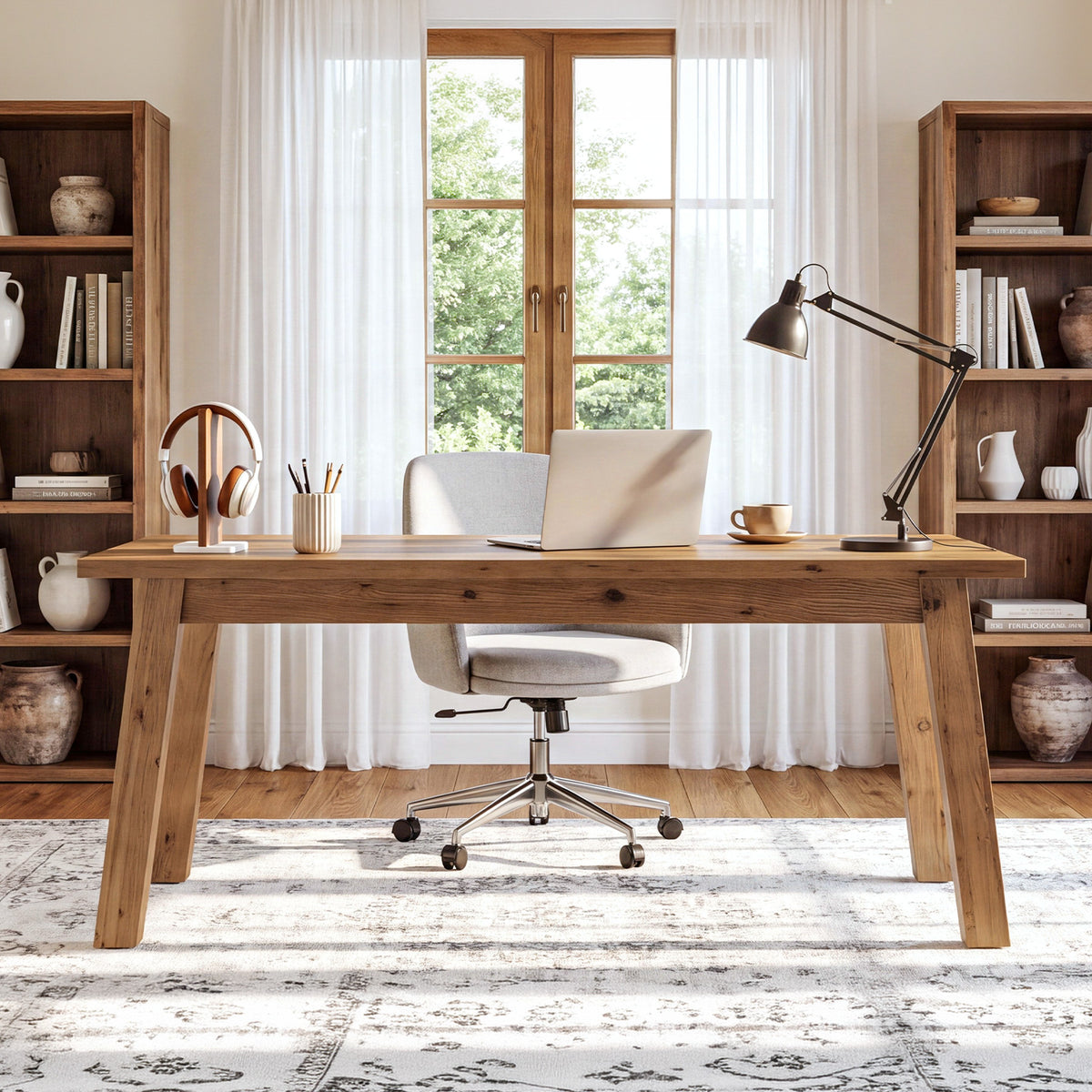 63"  Solid Wood Computer Desk, Farmhouse Executive Desk for Home Office