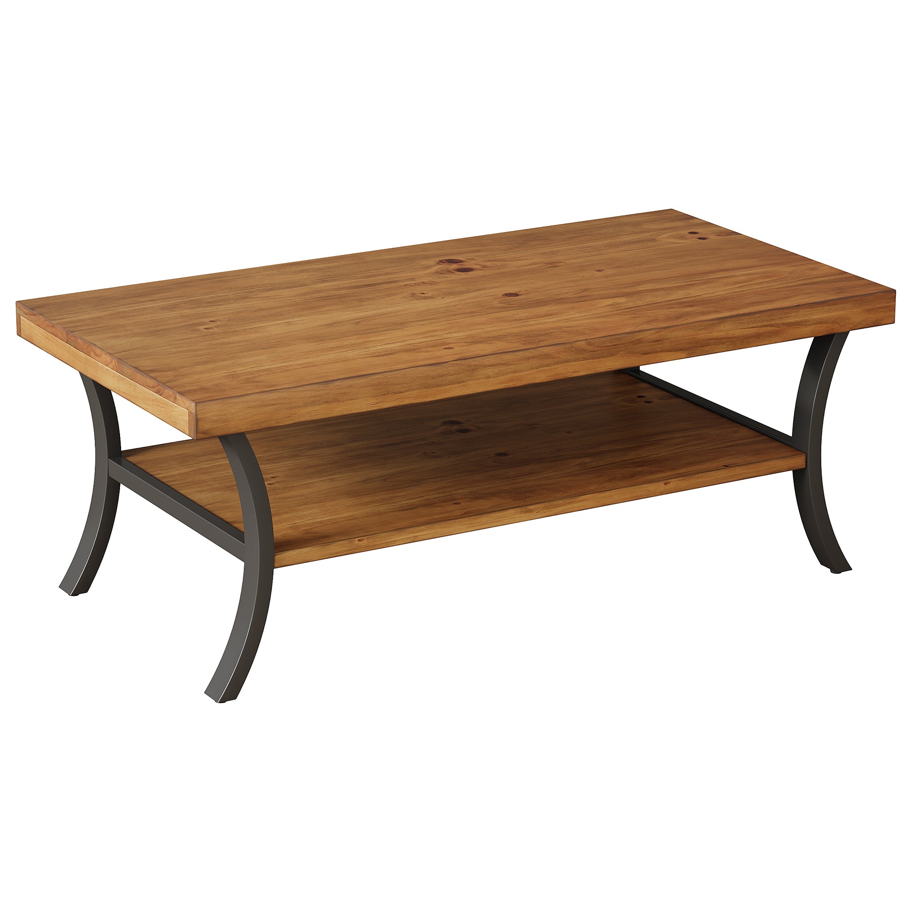 47.24" Solid Wood Coffee Table, 2-Tier Rectangular Center Table with Curved Metal Legs