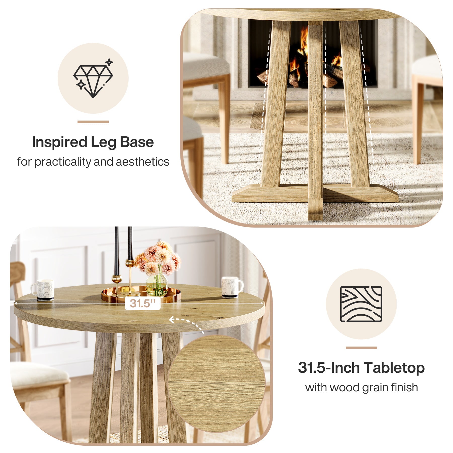 31.5" Round Dining Table, Small Kitchen Table with Sturdy Base for 2-4