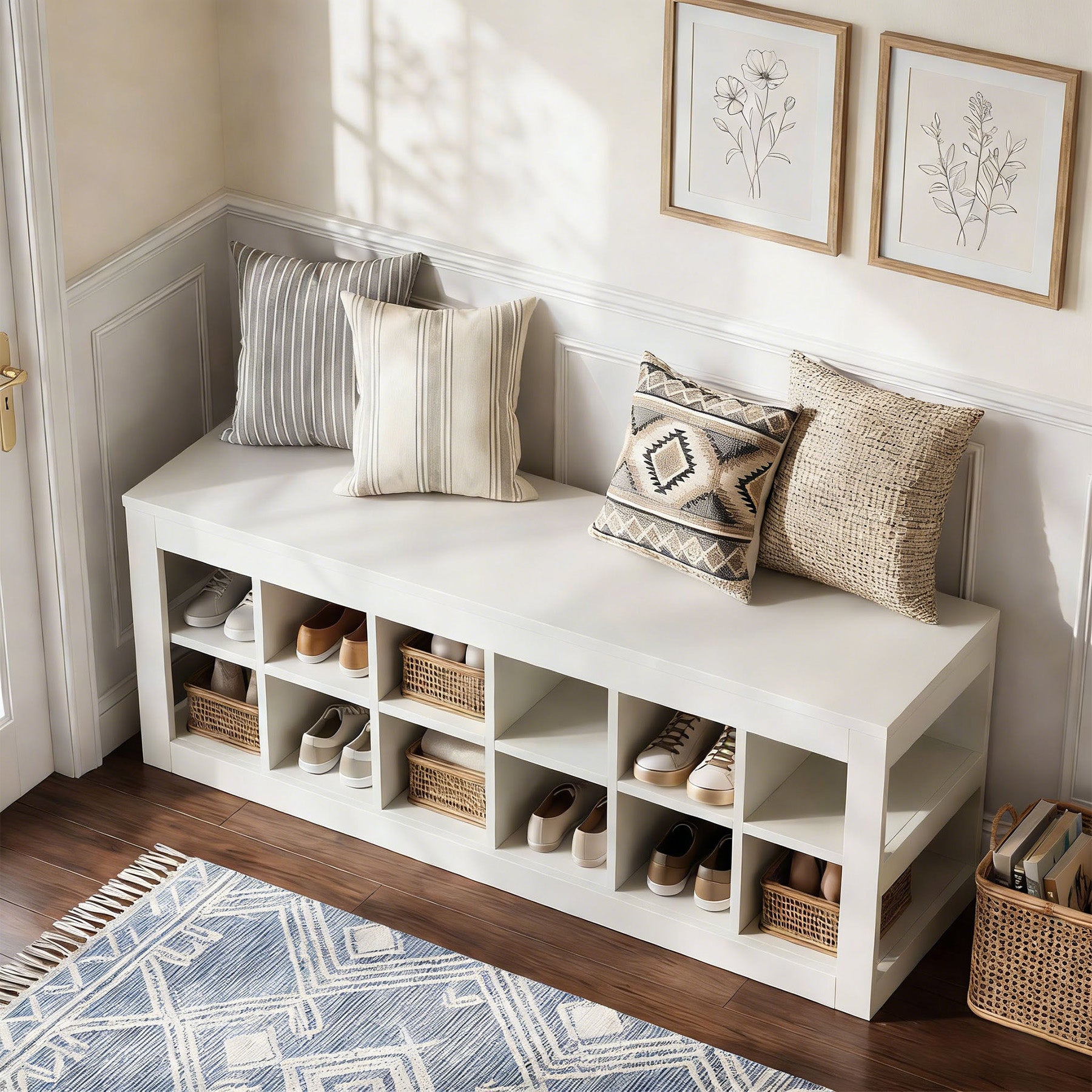 52.36" Shoe Storage Bench with 12 Cubbies, Wooden Entryway Bench for Hallway