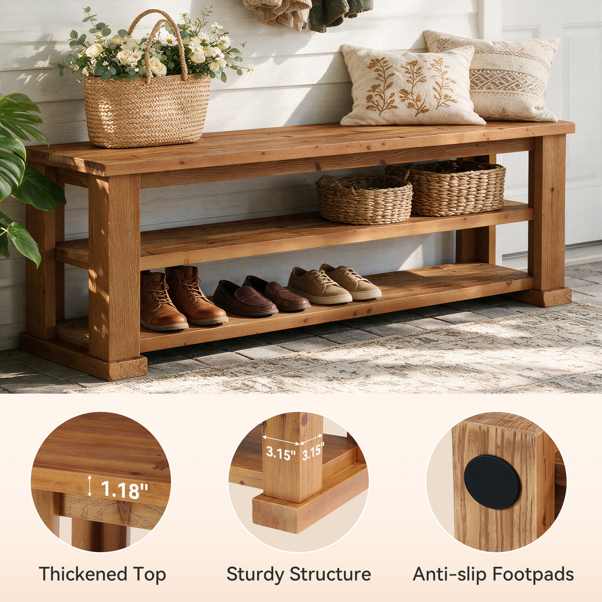63" Rustic Solid Wood Entryway Bench, 3-Tier Shoe Storage, Reinforced Legs