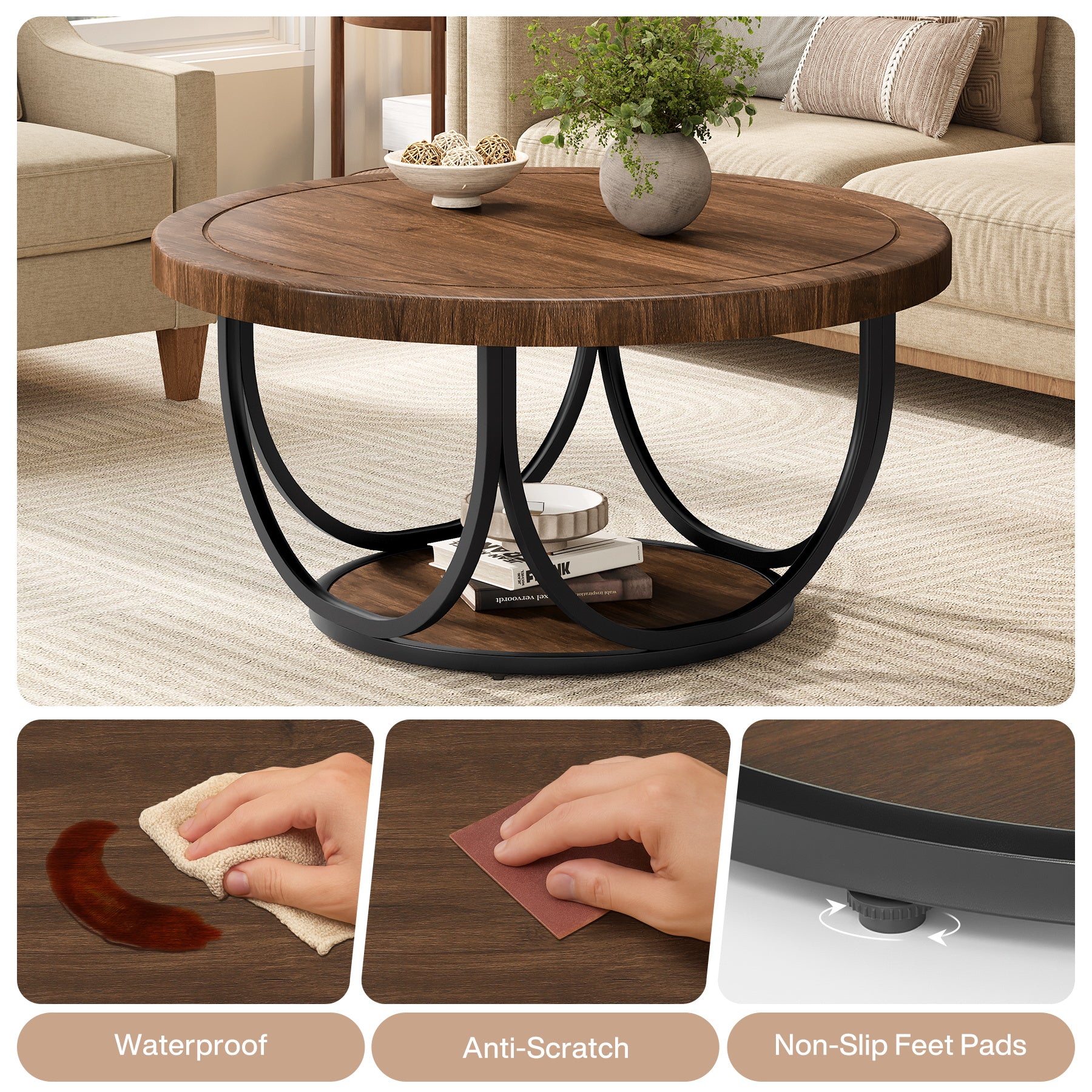 Round Coffee Table, 35.4" Circle Accent Cocktail Table with Storage Shelf