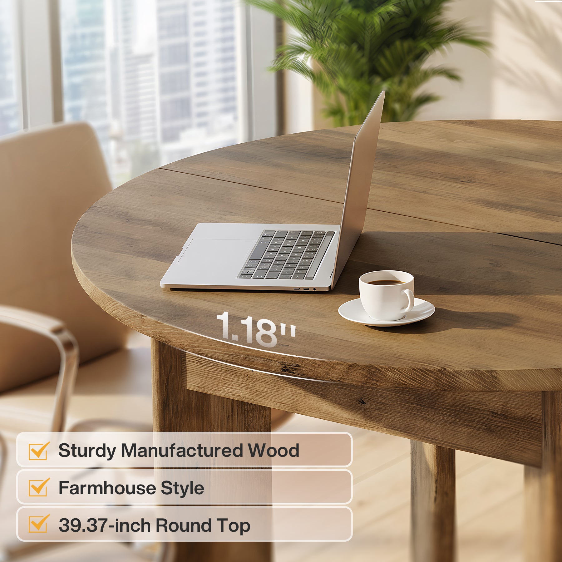 39" Round Conference Table for 4, Modern Small Meeting Table with Thick Legs for Office