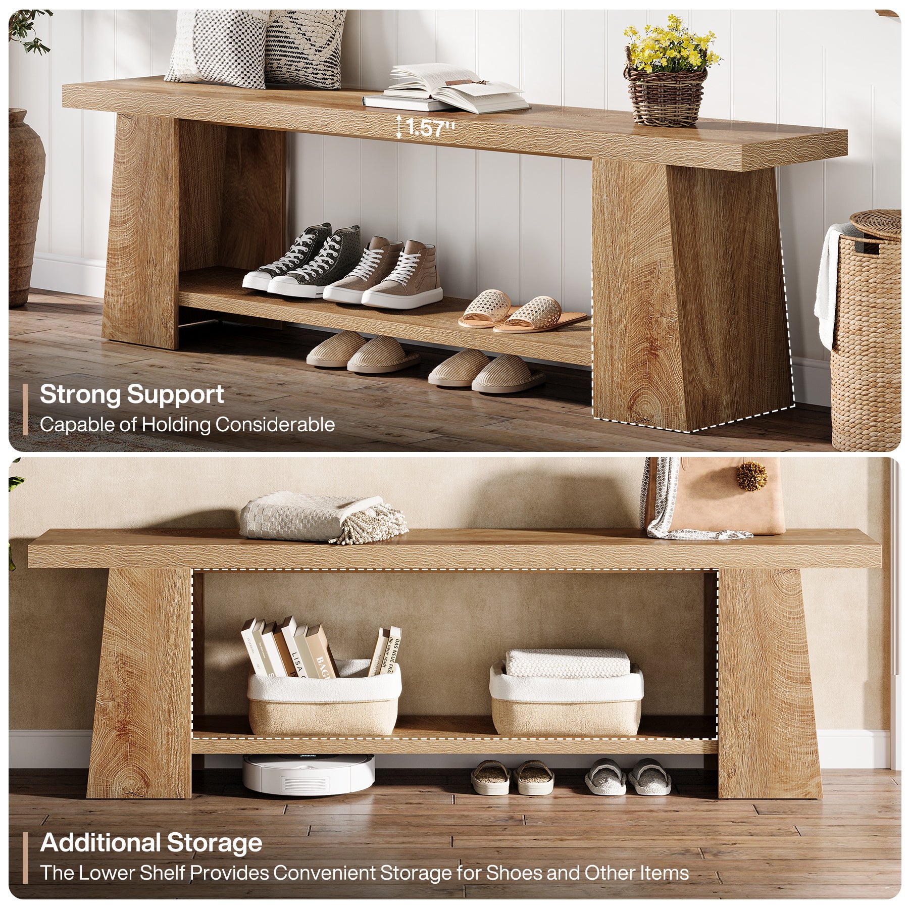 2-Tier Entryway Bench, 59" Shoe Bench End of Bed Bench with Storage Shelves