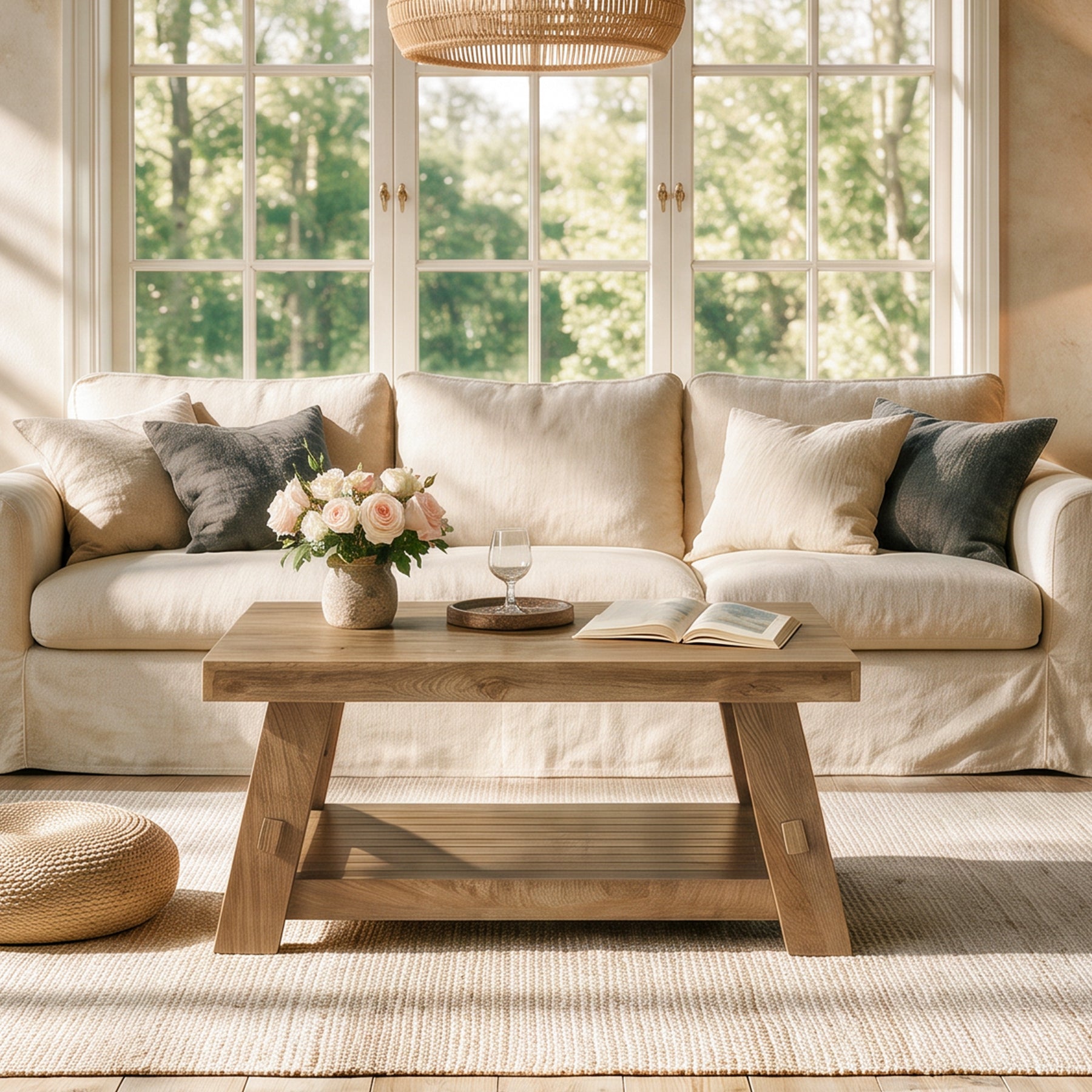 39" Square Coffee Table, 2-Tier Slatted Storage Shelf, Farmhouse Living Room