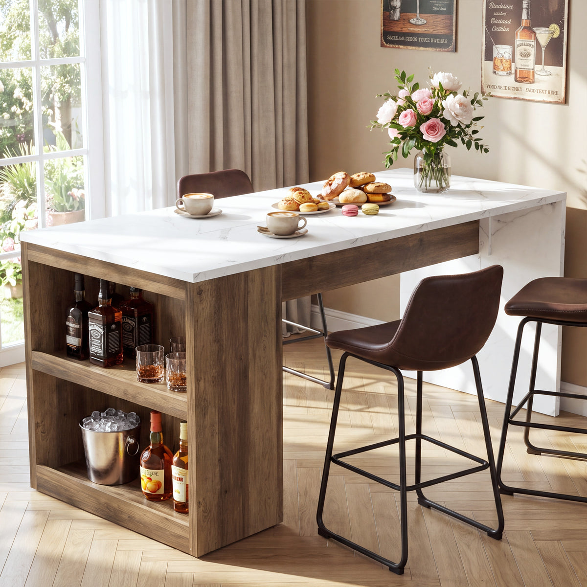 71" Bar Table, Farmhouse Counter Height Pub Table with Two Side Shelves for Bistro, Kitchen