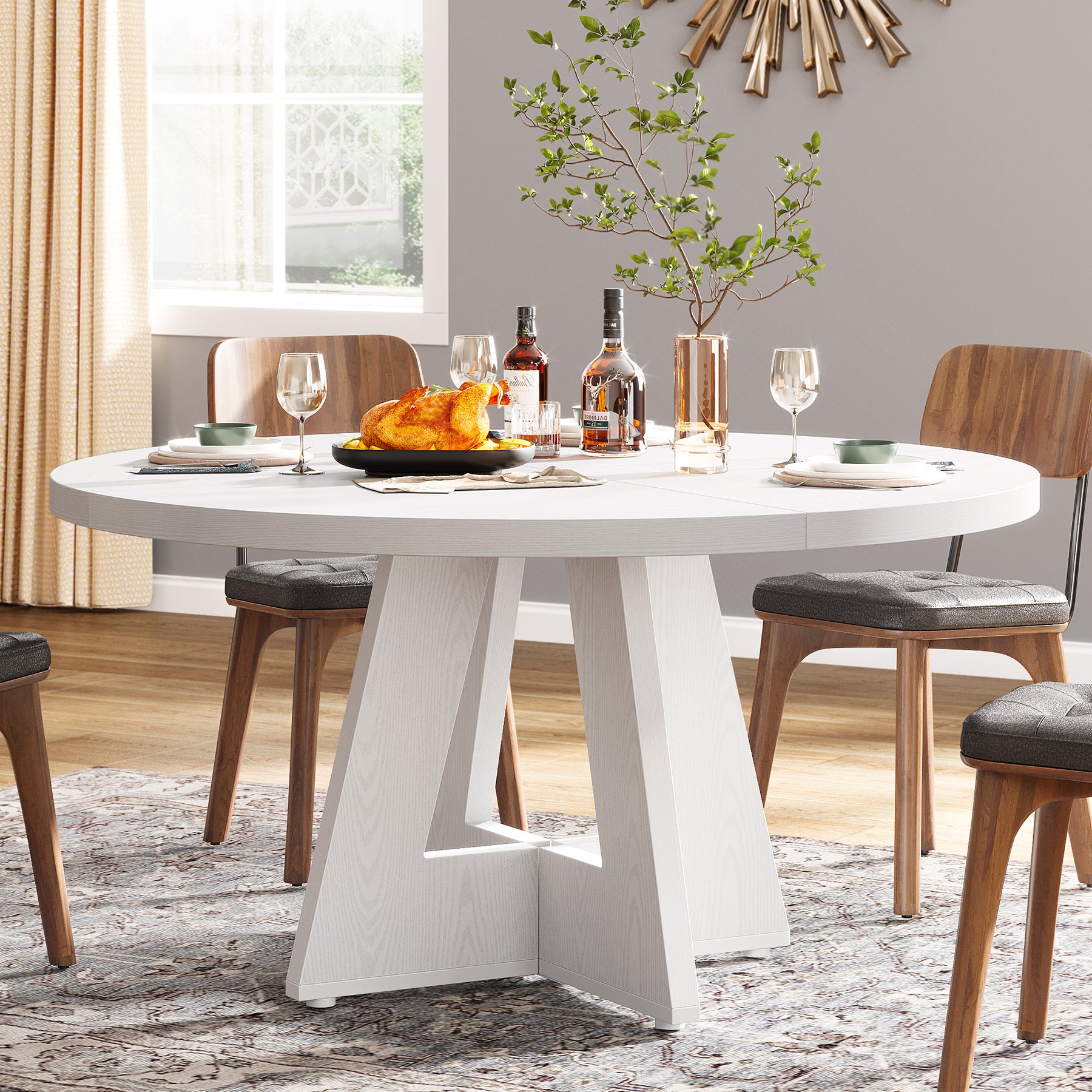 47" Round Farmhouse Dining Table for 4 People, Rustic Dining Room Table