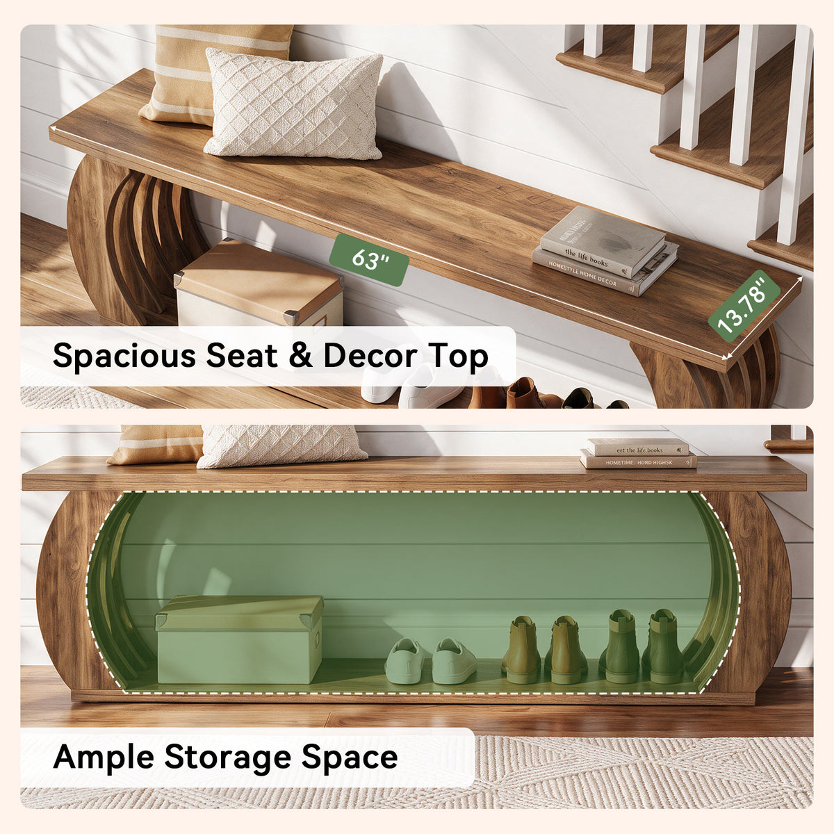 63" Farmhouse Entryway Bench with Shoe Storage, 2-Tier Hollow Legs