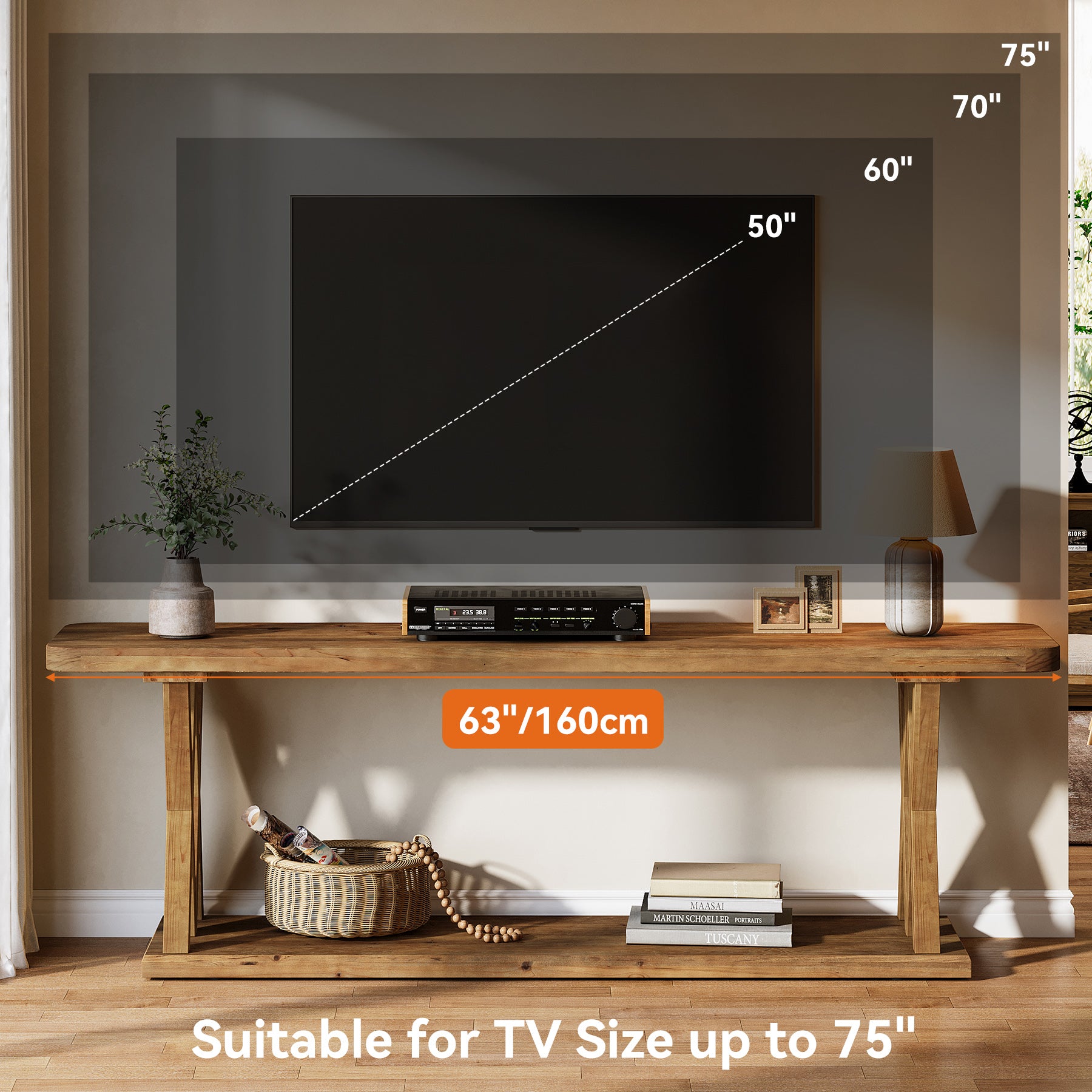 63" Solid Wood TV Stand, Farmhouse Entertainment Center for TVs Up to 75-Inch