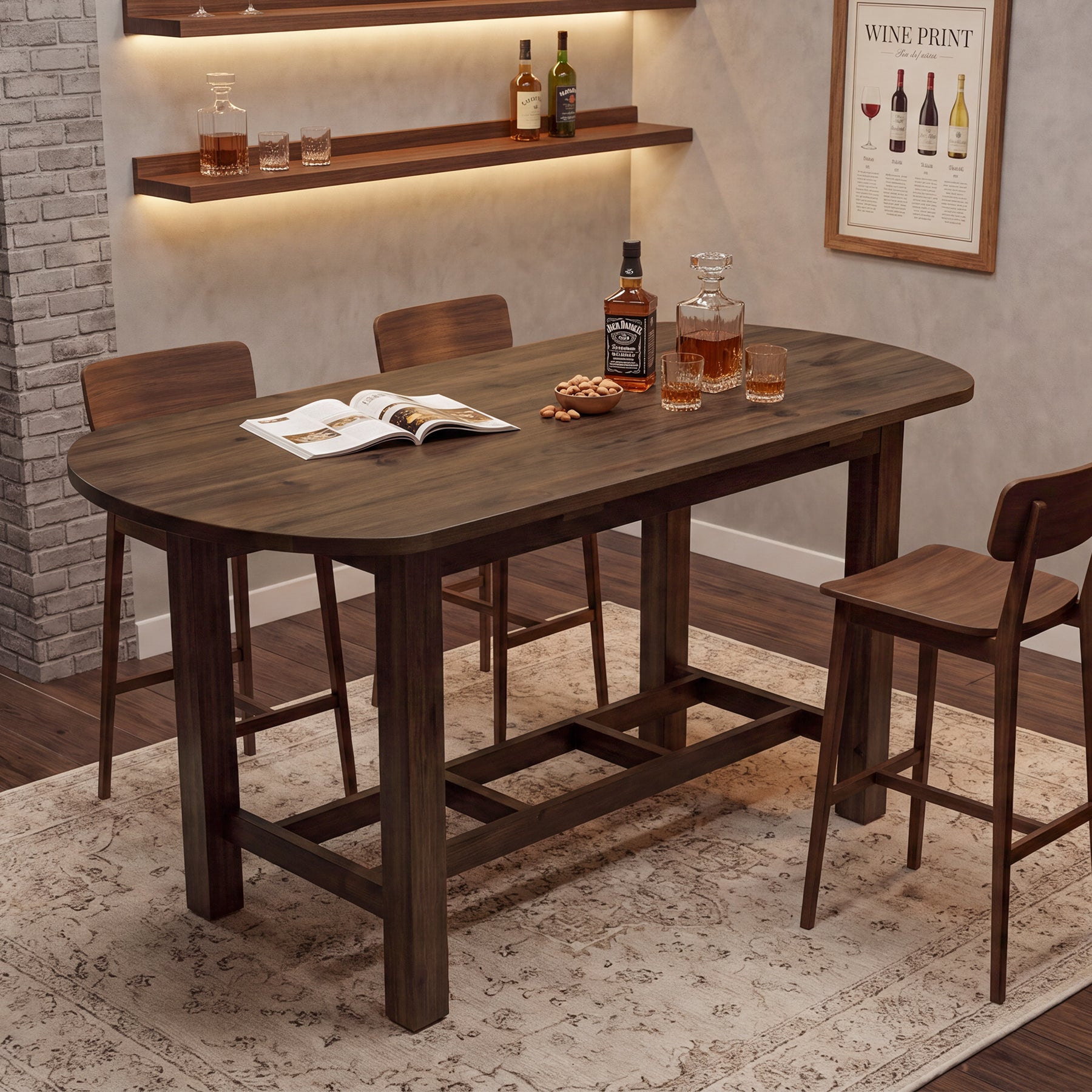 63" Solid Wood Bar Table, Oval Counter Height Pub Table with Footrest