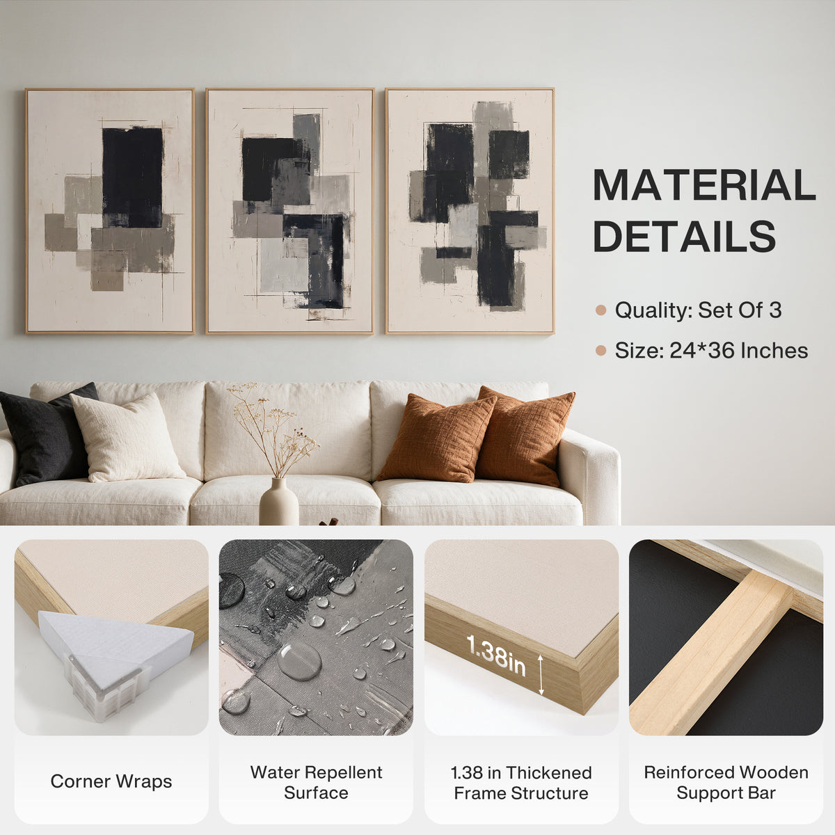 3-Piece 24x36" Modern Abstract Wall Art, Black Beige Framed Canvas Prints