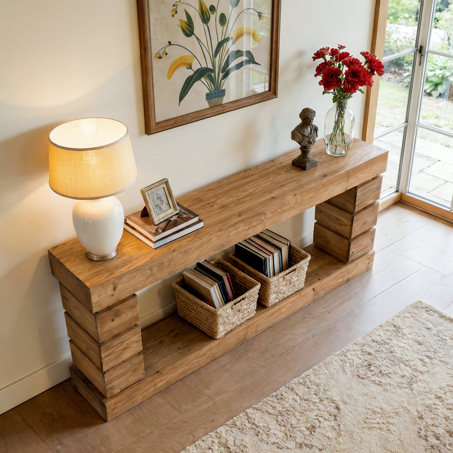 62.9" Solid Wood Console Table with Storage Shelf, Narrow Entryway Sofa Table for Hallway or Living Room