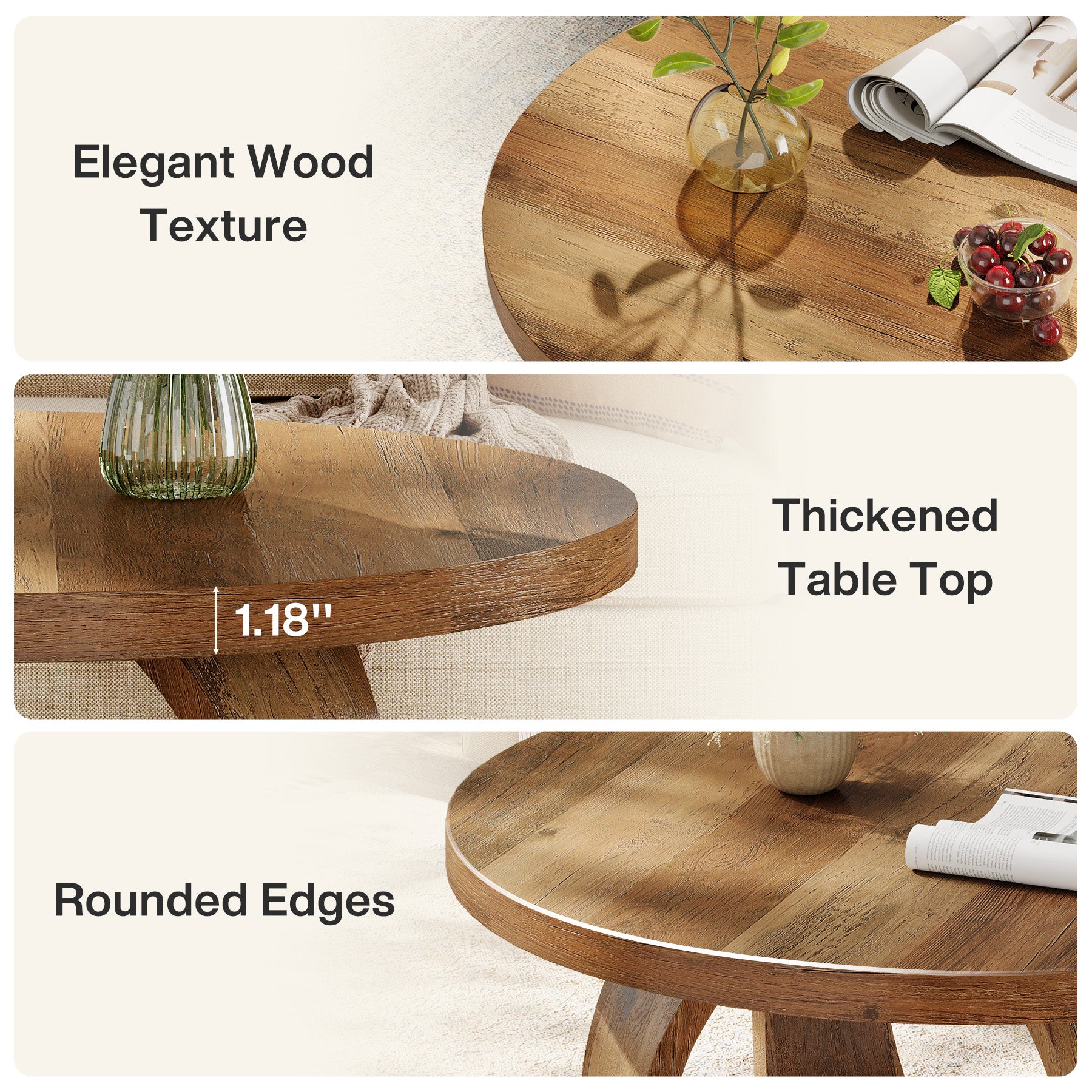 31.5" Round Coffee Table, 2-Tier Wooden Center Table with Storage