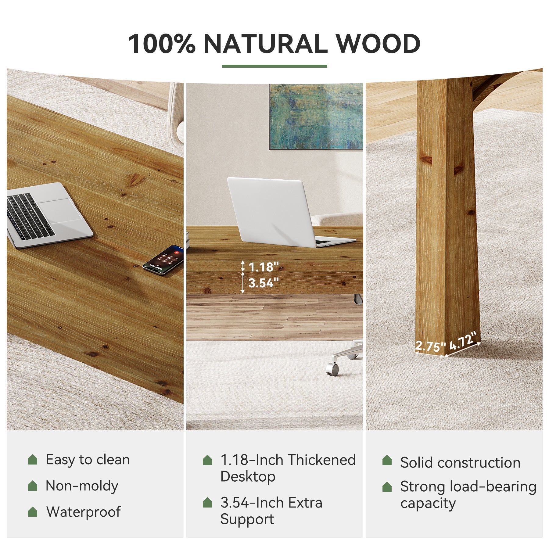 Solid Wood Executive Desk, 63" Computer Desk with Sturdy Wooden Legs