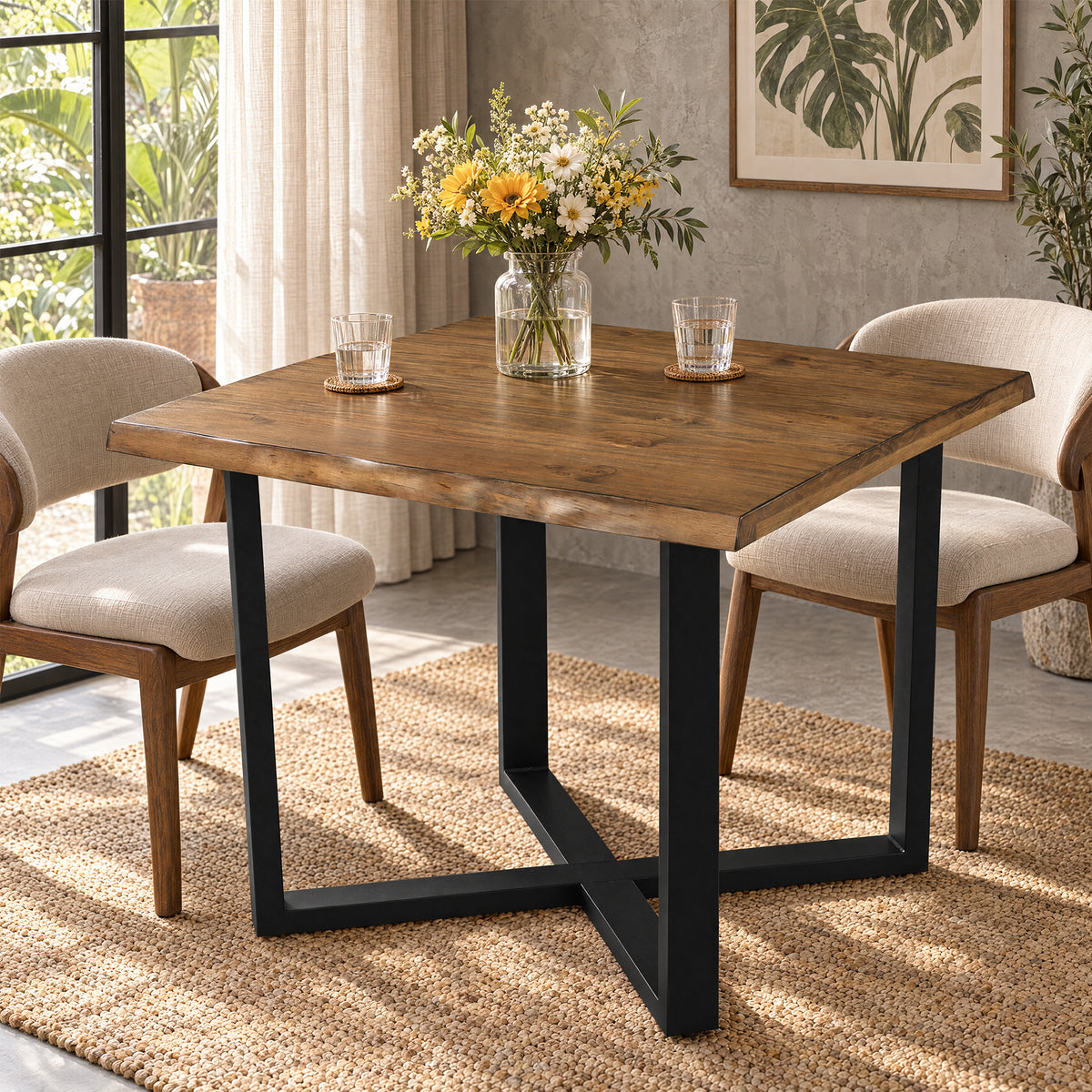 31.5" Solid Wood Square Dining Table with Live Edge Top & Cross-Braced Metal Legs