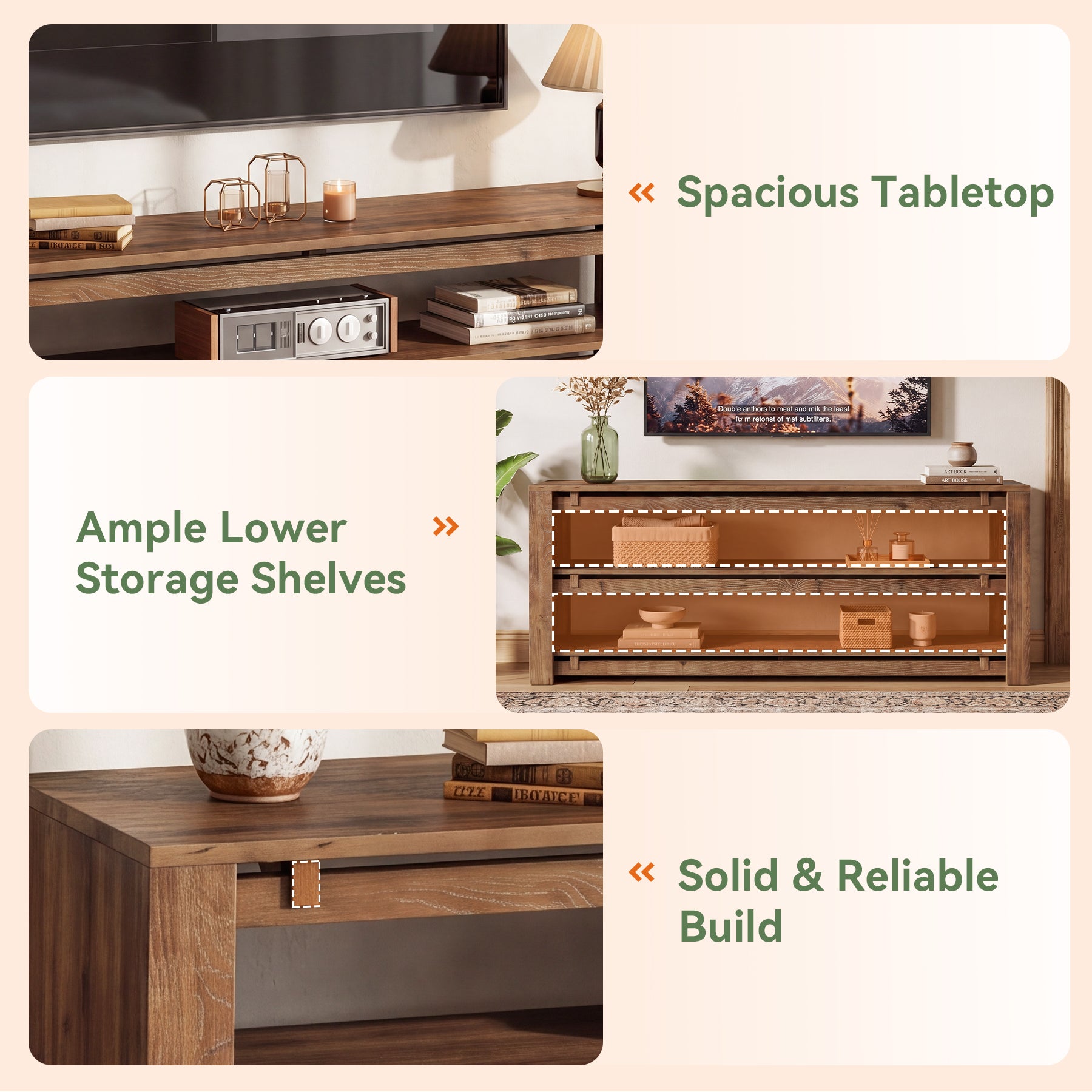63" Solid Wood TV Stand Fits up to 75" Tvs, 3-Tier TV Console with Storage Shelves