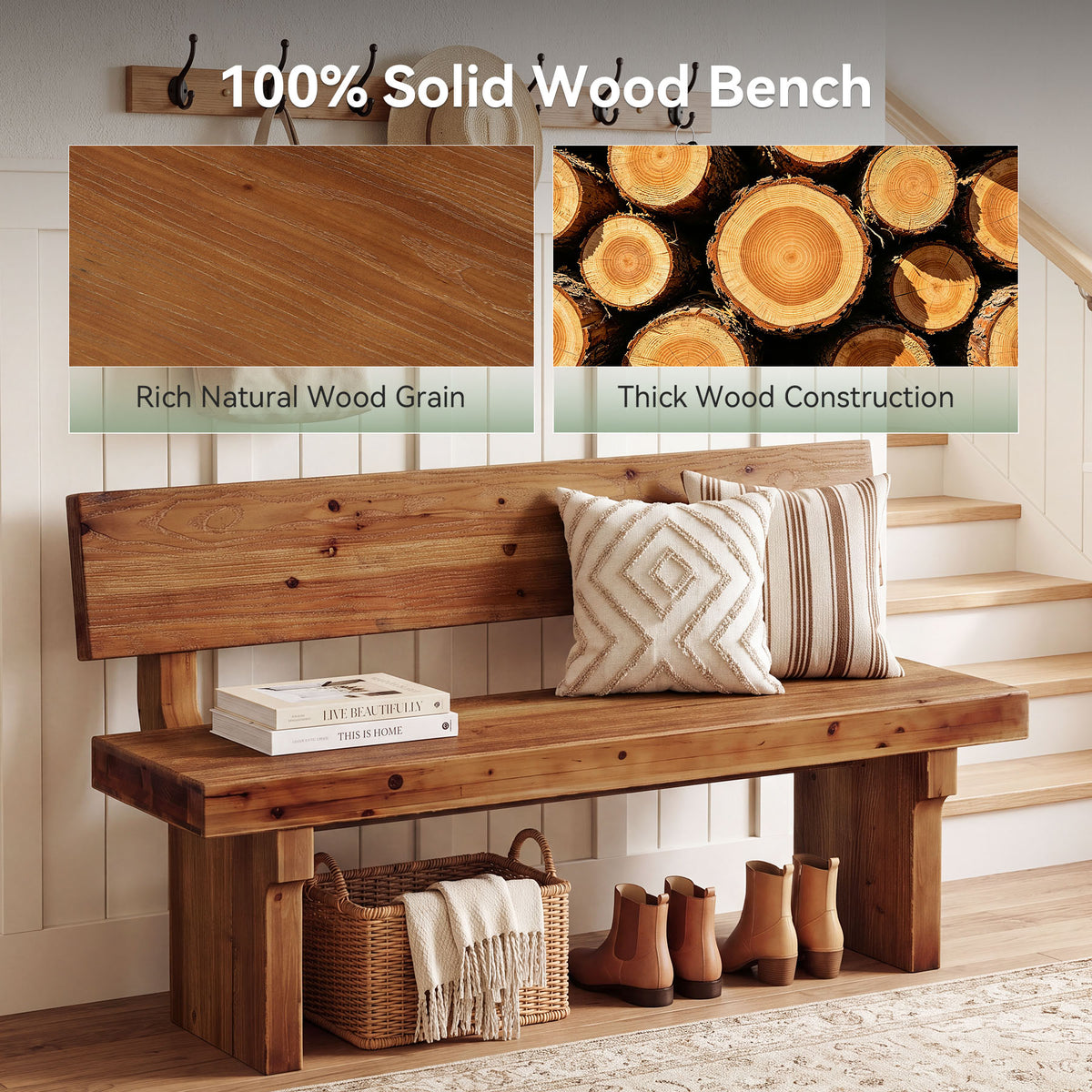 55" Solid Wood Entryway Bench with Backrest, Shoe Bench for Hallway & Mudroom