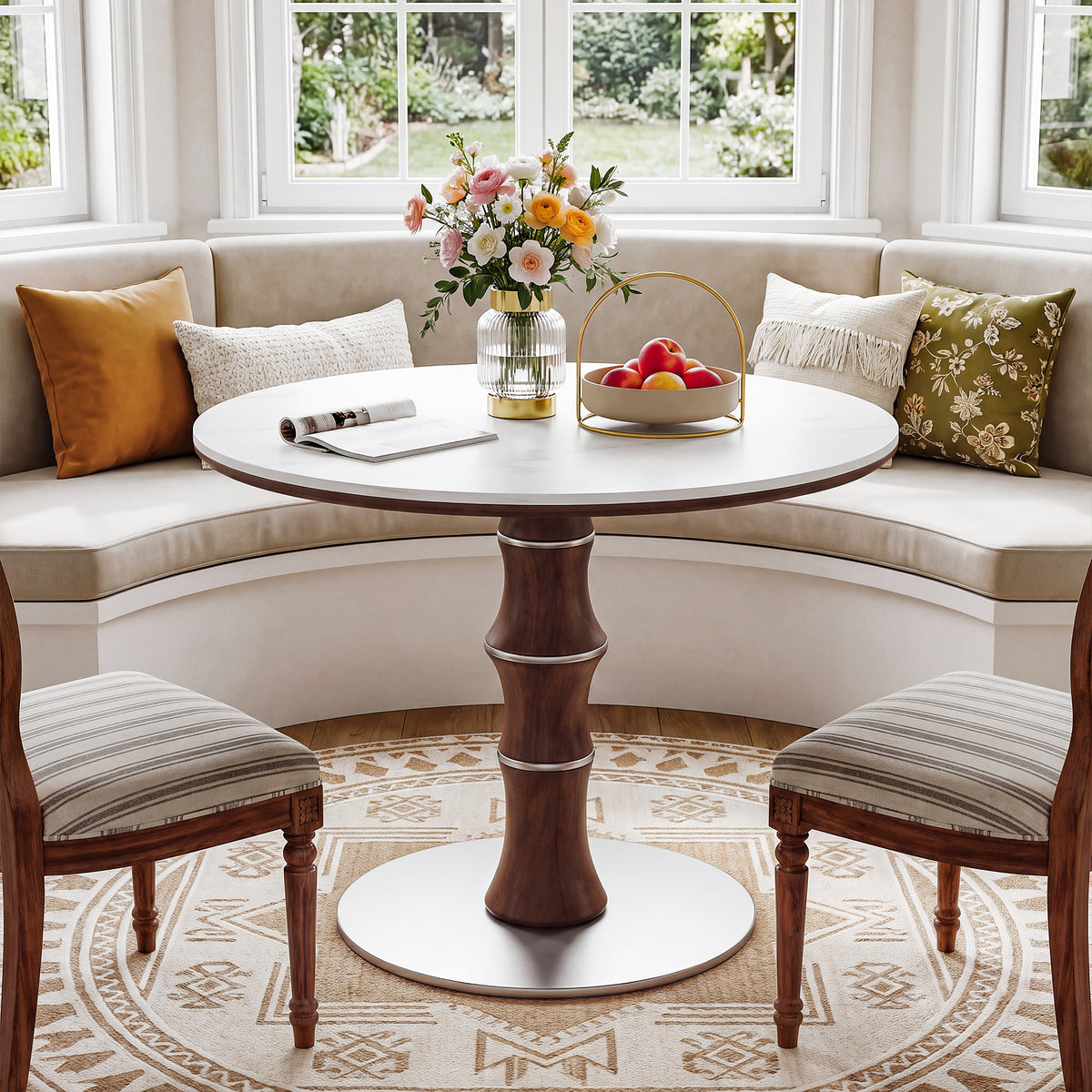 35" Round Sintered Stone Dining Table for 2-4, Rubberwood Pedestal