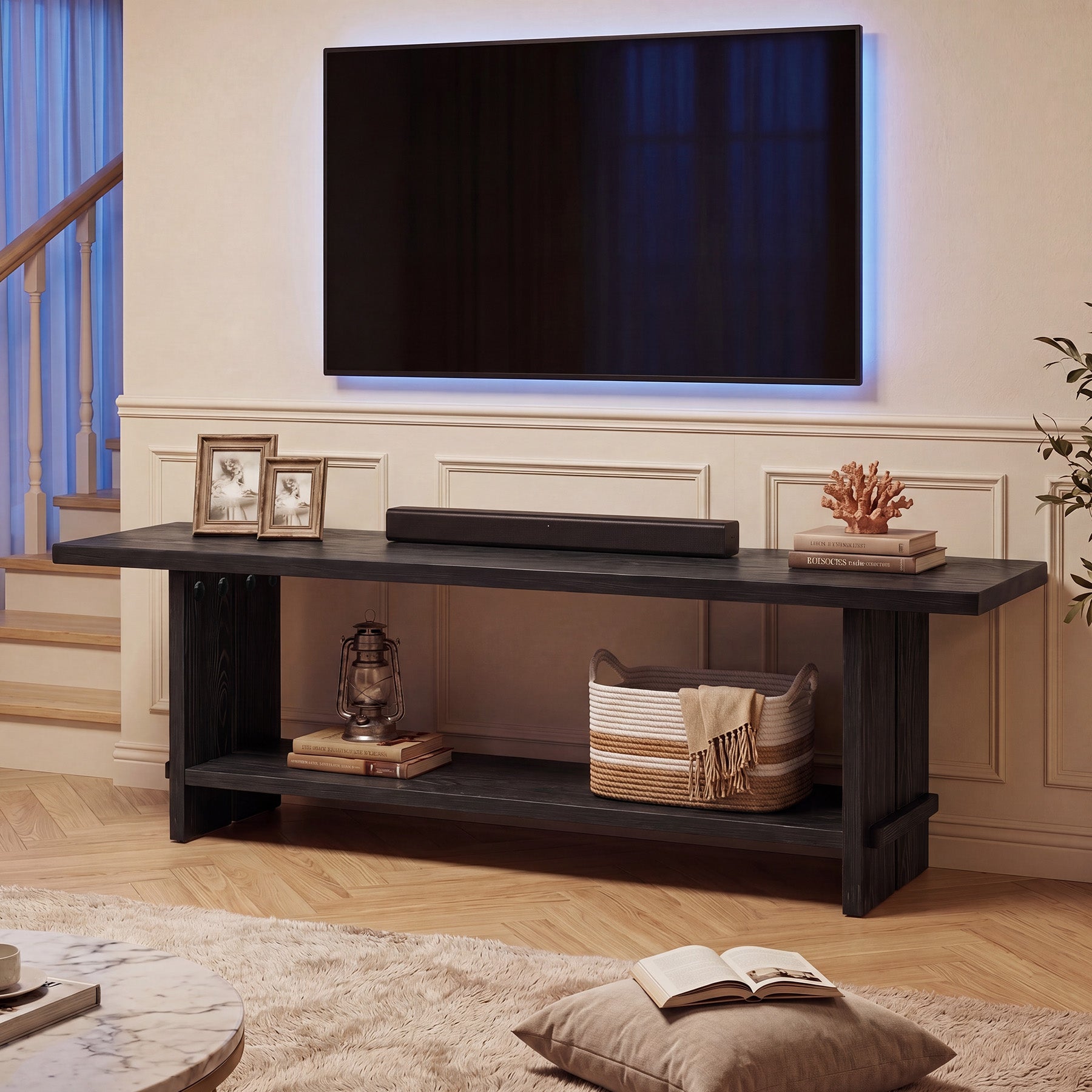 71" Solid Wood TV Stand for 55–85 Inch TVs, Farmhouse Media Console with Storage Shelf, Wooden Entertainment Center