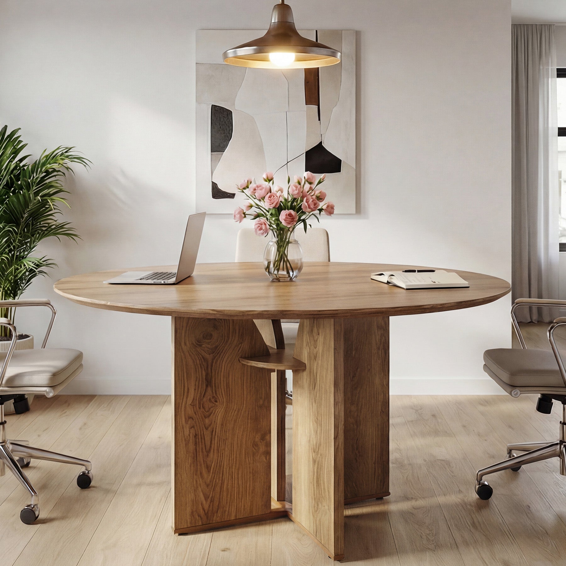 39.37" Conference Table for 4, Round Office Table with Lower Storage Shelf