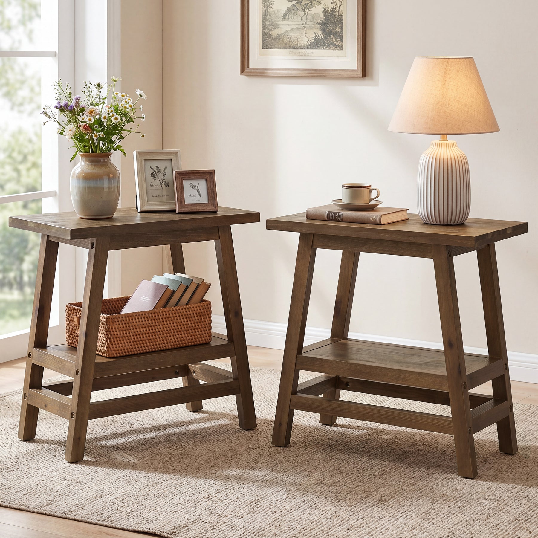 2-Tier Small Side Table, Farmhouse Rectangular Nightstand for Living Room, Bedroom
