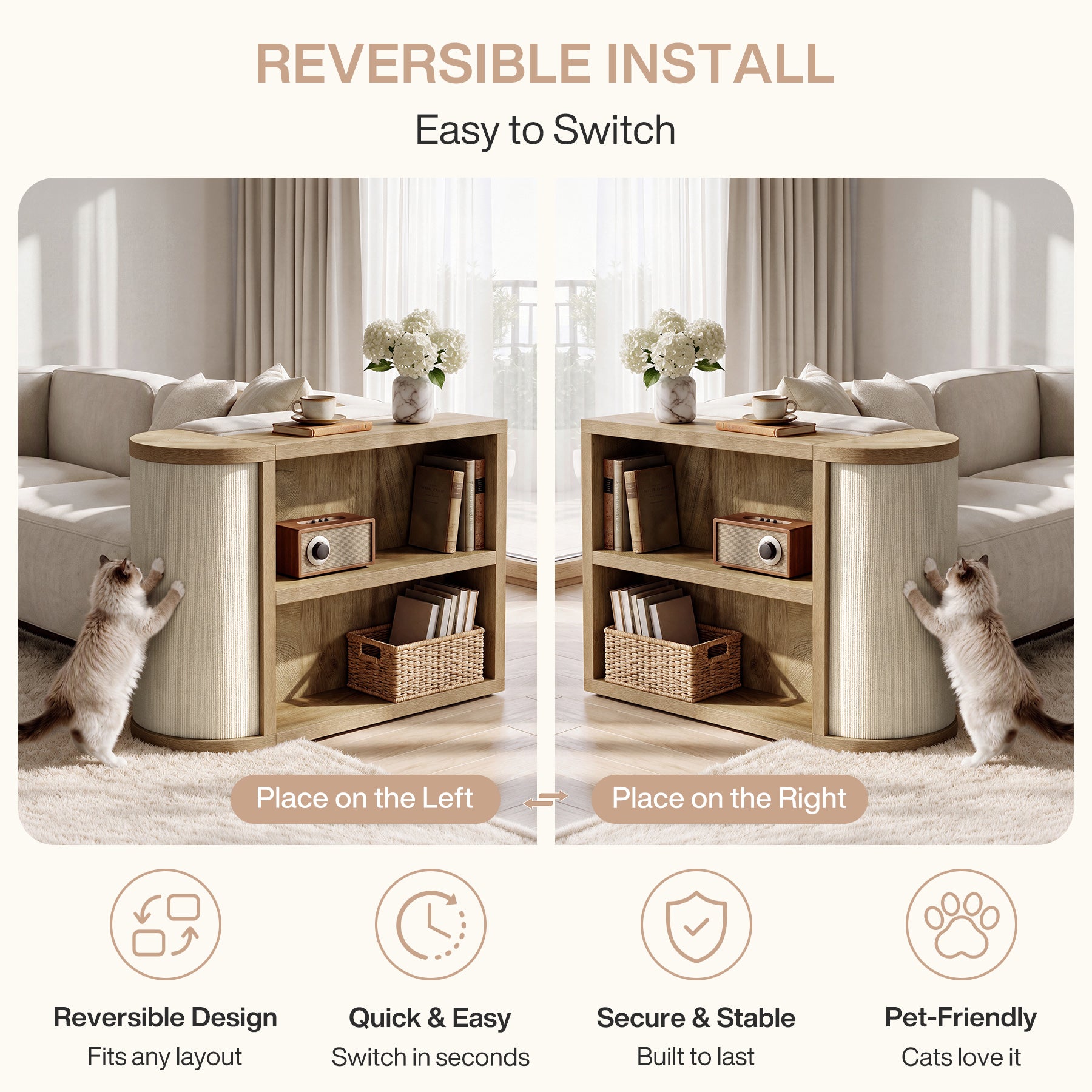 3-Tier End Table, Narrow Sofa Side Table with Reversible Cat Scratcher for Living Room