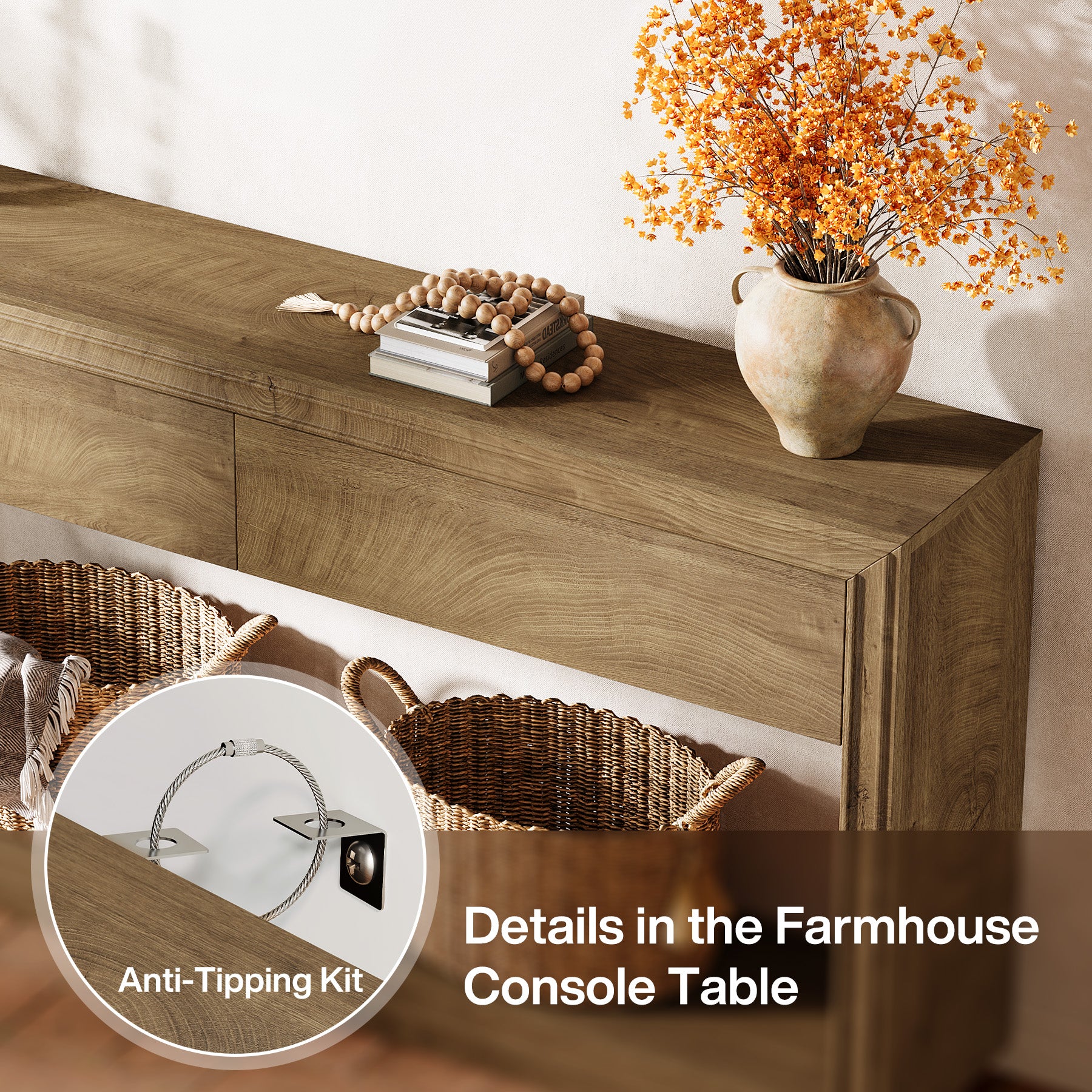 63" Farmhouse Console Table with 2 Drawers and Shelf, Wooden Entryway Sofa Table for Hallway, Foyer, or Behind Couch