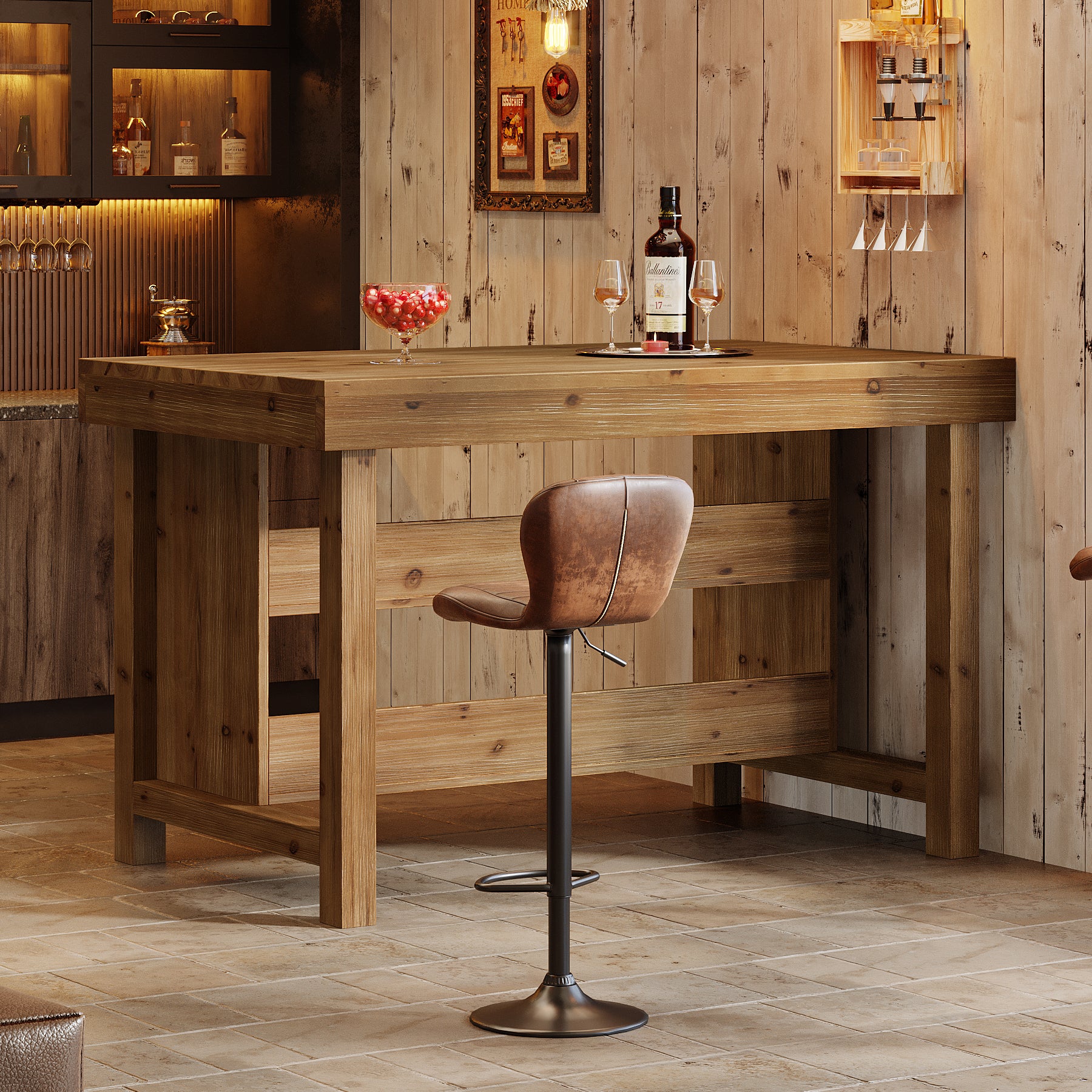 55" Farmhouse Bar Table, 3-Tier Solid Wood Bar Unit with Open Storage Shelves