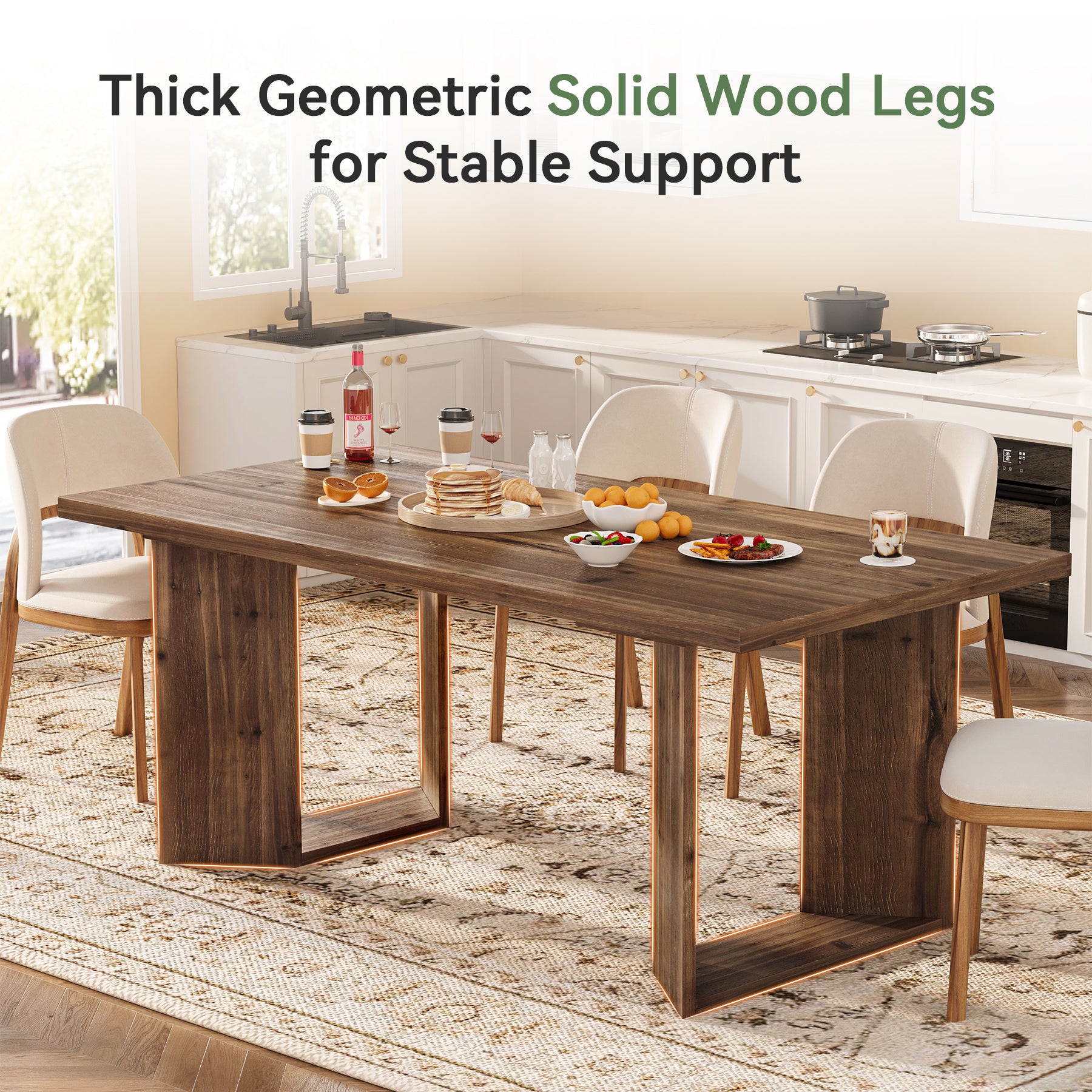 63" Solid Wood Dining Table, Rectangle Kitchen Table with U-Shaped Frames for 4-6