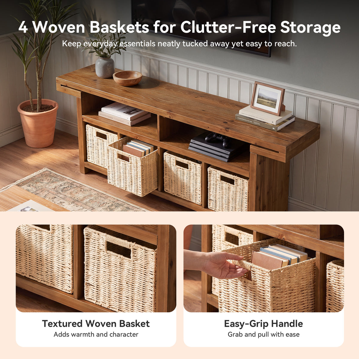 63" Farmhouse Solid Wood TV Stand with 4 Baskets & 2 Open Shelves