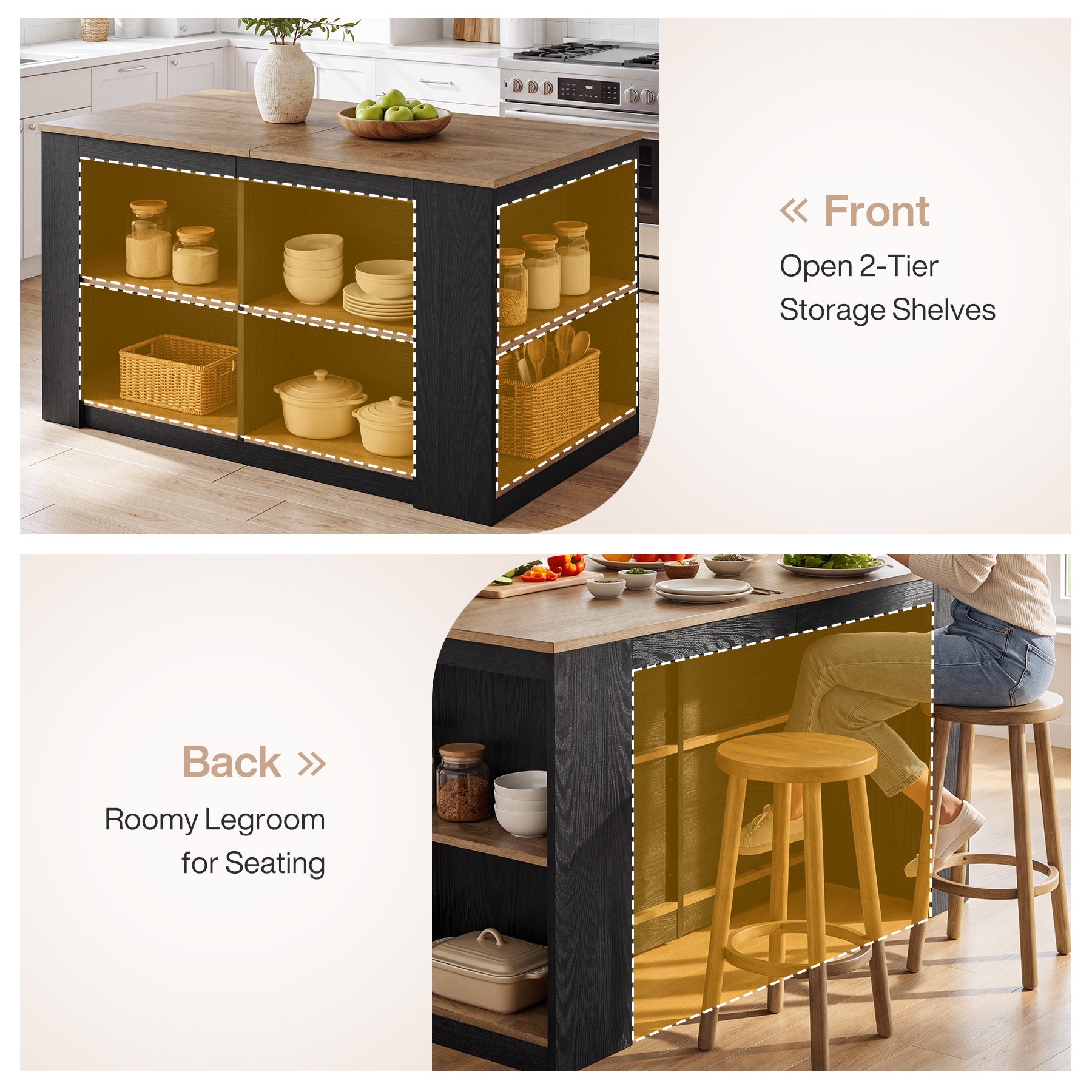55" Two-Tone Kitchen Island with Storage Shelves, Large Worktop Dining Table