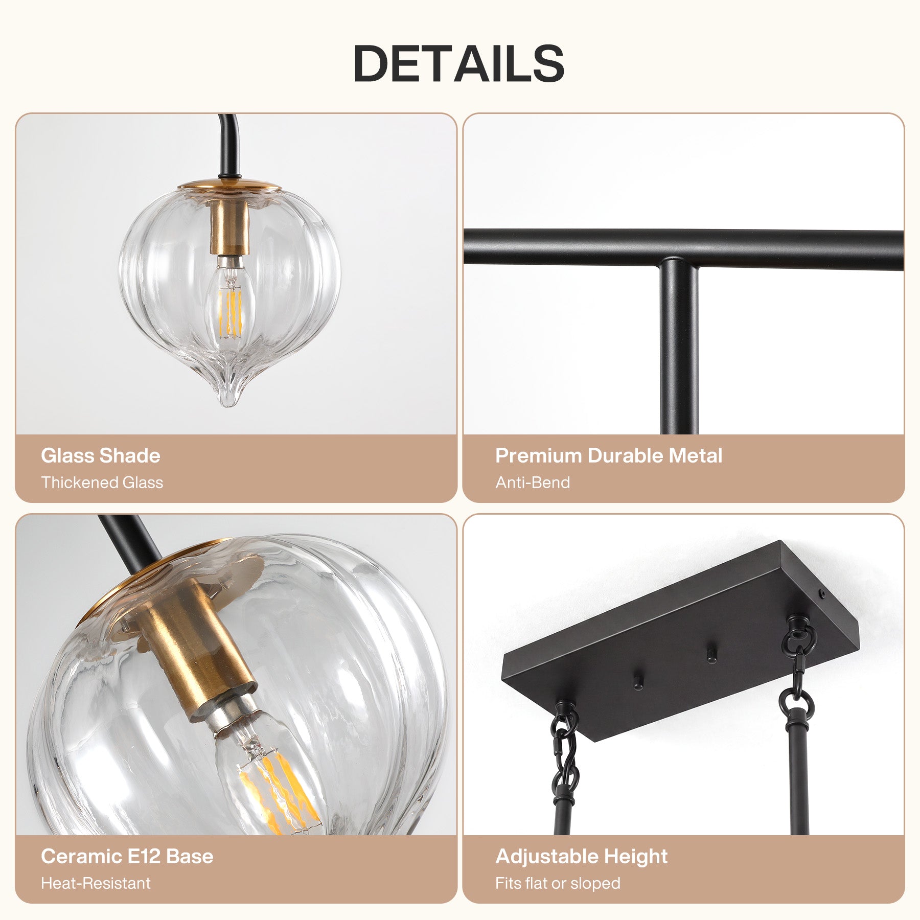 5-Light Pendant Light, Linear Kitchen Island Light Fixture with Adjustable Downrods & Clear Ribbed Glass Shades