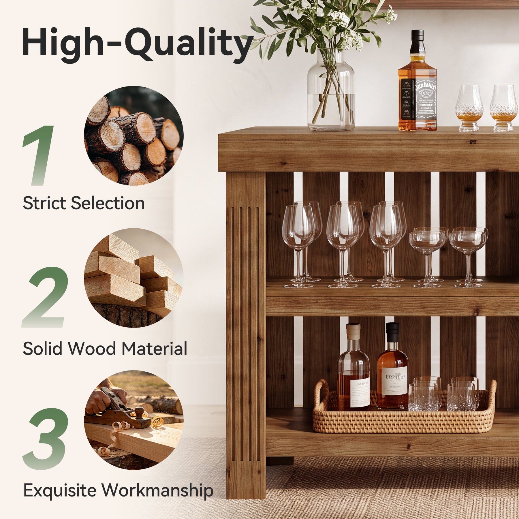 63" Solid Wood Bar Table, 3-Tier High Top Table with Large Rectangle Worktop