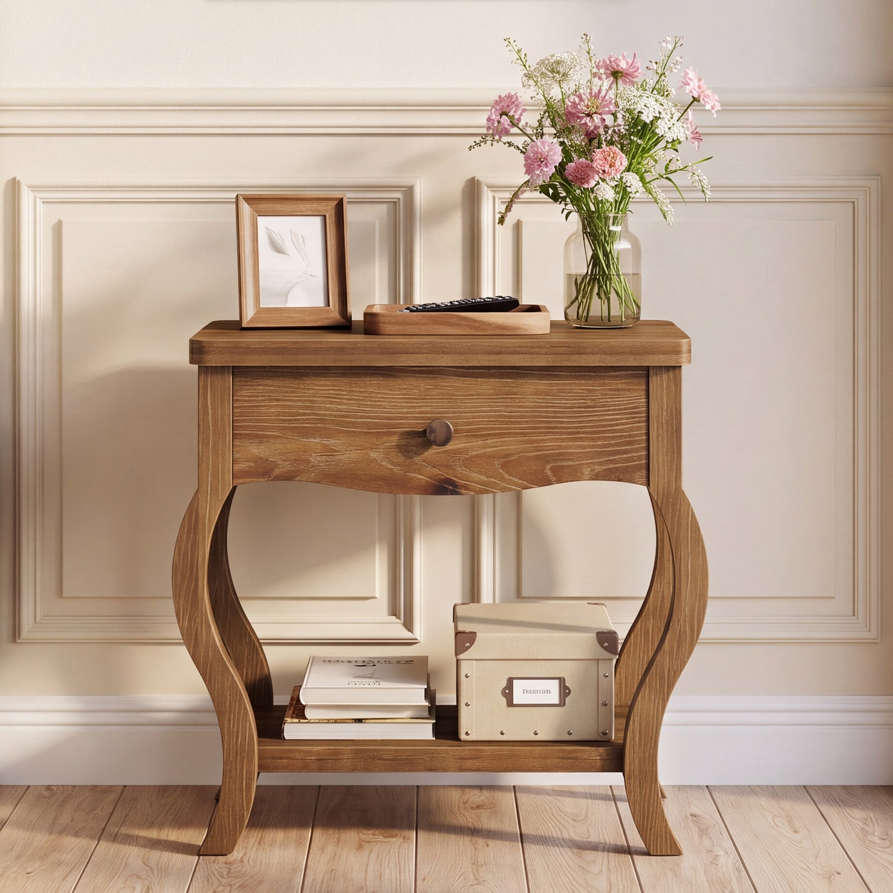Rustic Solid Wood Nightstand, Drawer & Shelf, 24"W Bedside Table, Bedroom