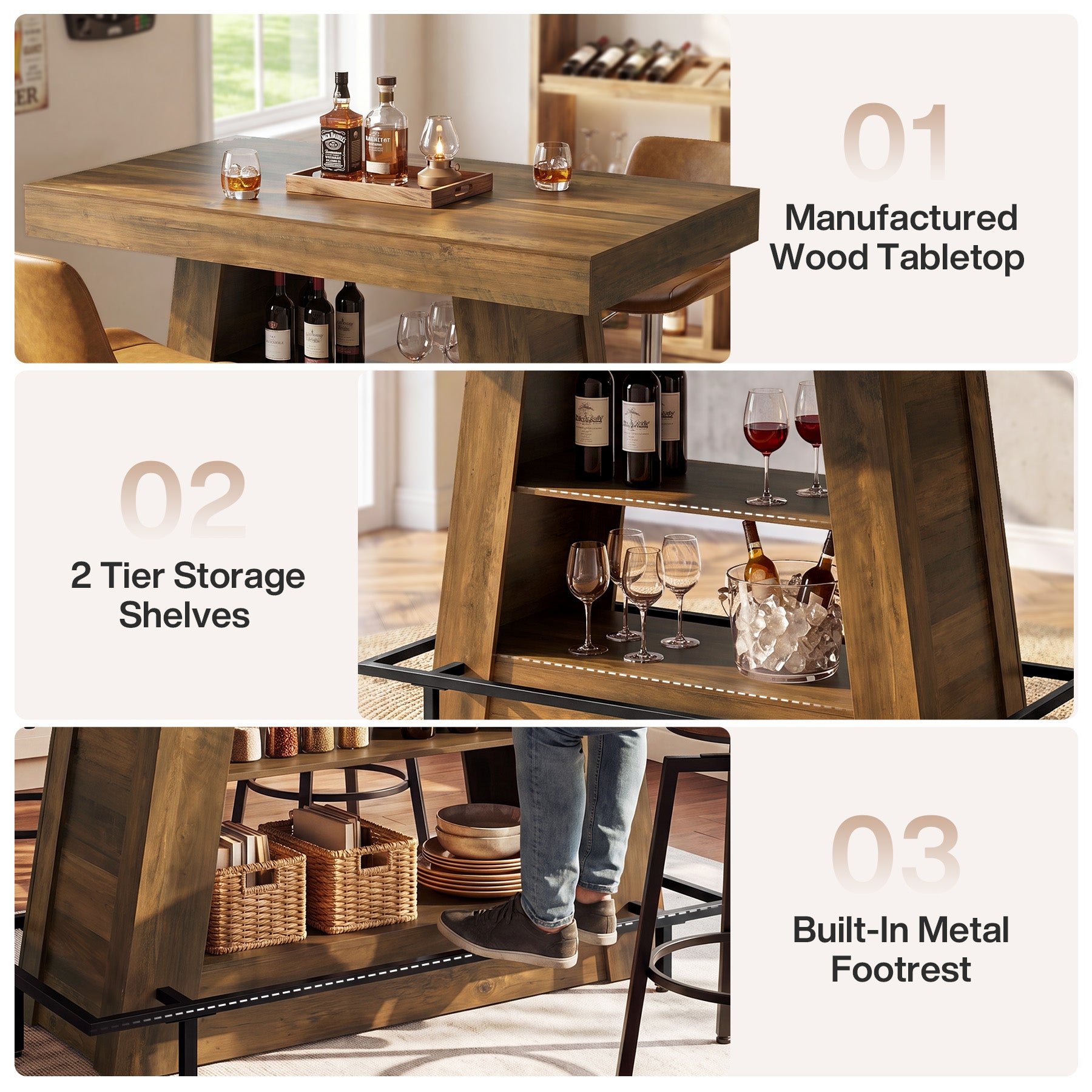47.2" Rectangular Bar Table, Counter Height Bistro Table with 2-Tier Open Storage Shelves