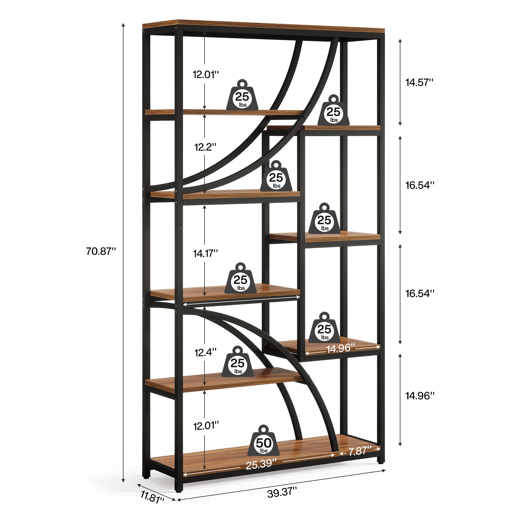 9-Tier Bookcase, 70.87" Industrial Etagere Bookshelf with Open Shelf