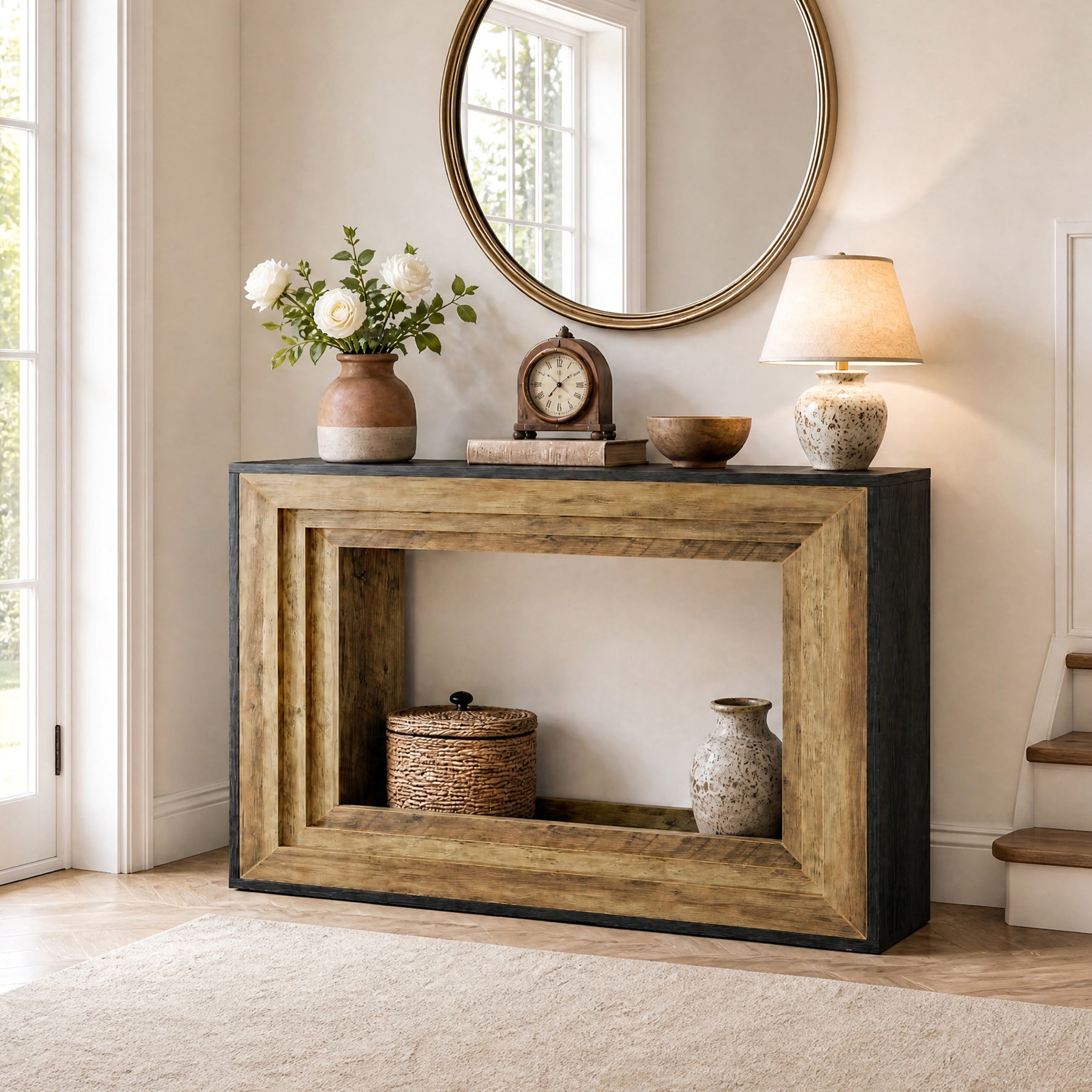 41.4" Narrow Console Table, Entryway Table with Open Storage, Vintage Wood & Matte Black Finish